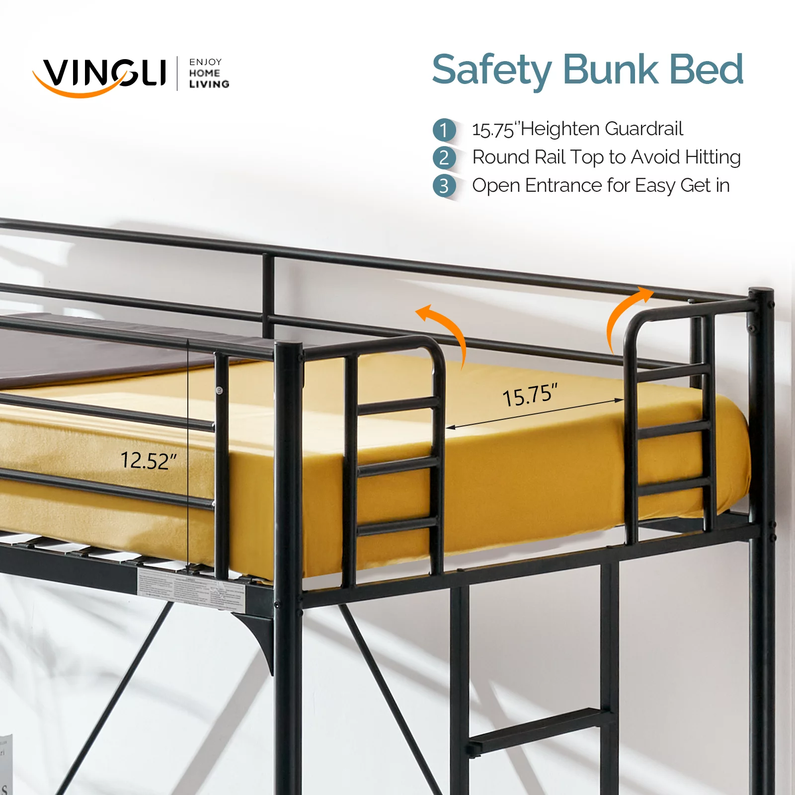 VINGLI Metal Loft Bed with Stairs and Flat Rung, Junior Loft Bed Twin Size High Loft Bed for Kids/Teens/Adults, No Box Spring Required, Black