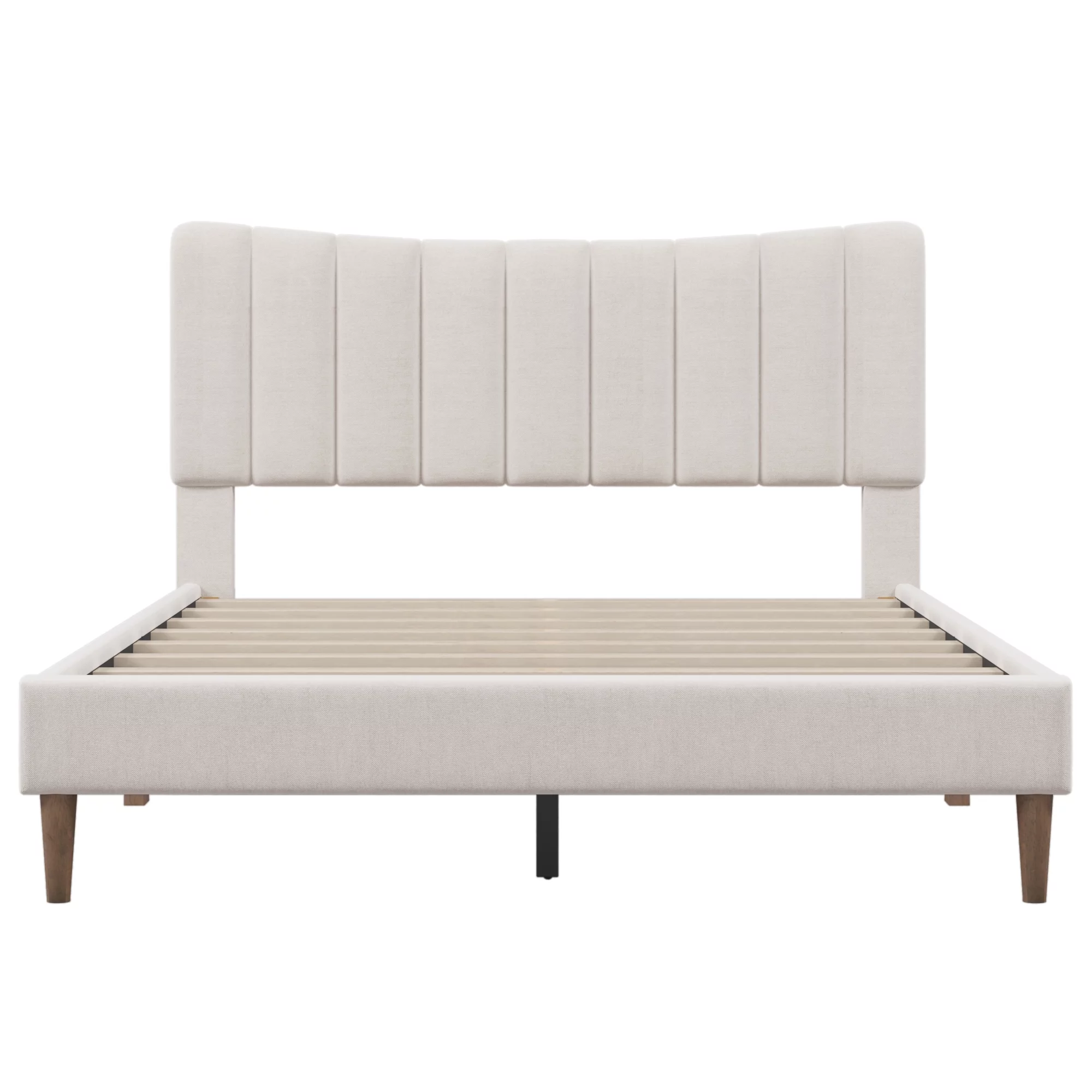 Paproos Queen Bed Frame with Headboard, Upholstered Platform Bed with Solid Wood Legs, No Box Spring Needed, Modern Bedroom Furniture Queen Size Bed for Teens Adults, 800lbs Capacity, Cream