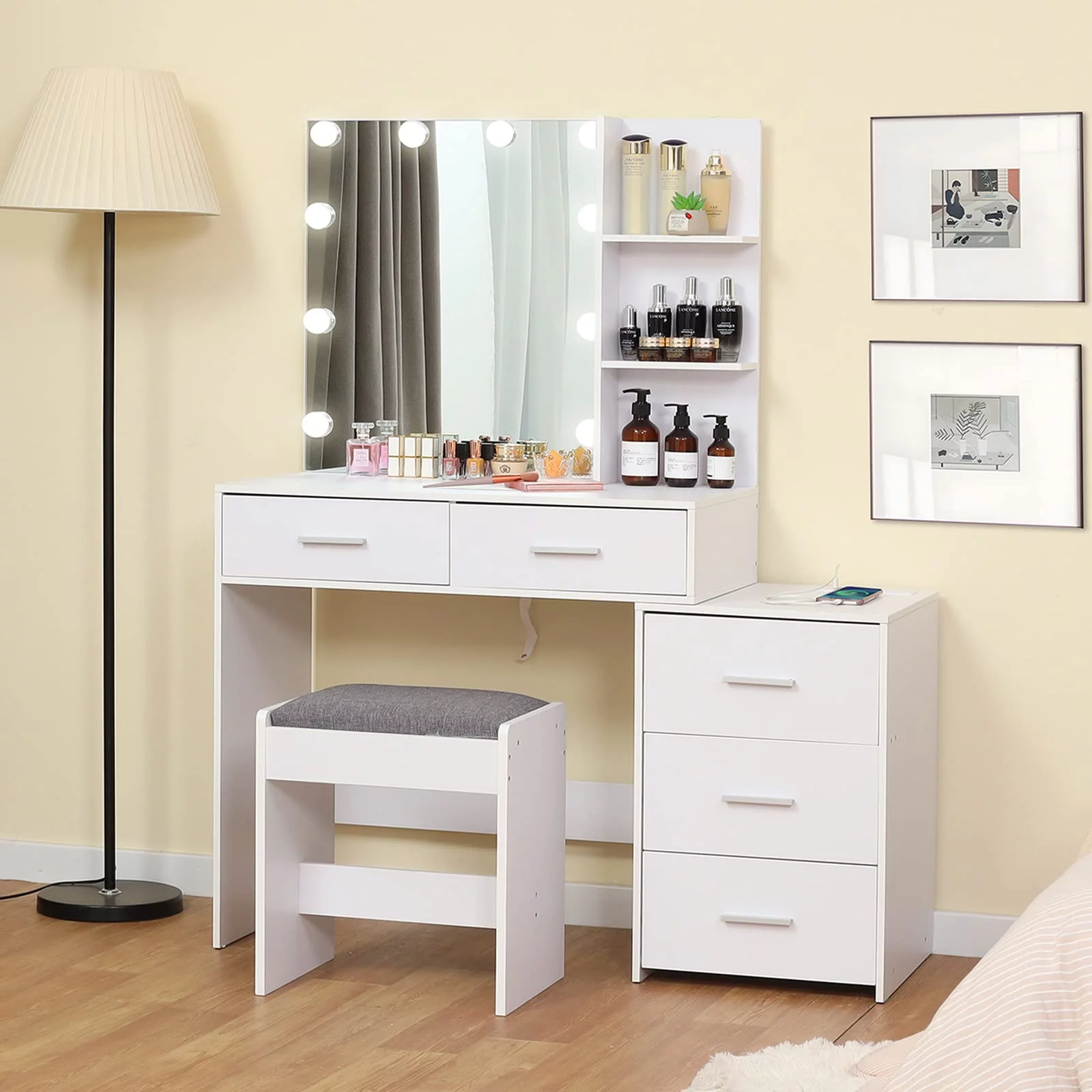 USIKEY Large Vanity Set with 10 LED Lights and Charging Station, Makeup Vanity Dressing Table with USB Ports and Outlets, Vanity Table Set with 5 Drawers and Cushioned Stool, White YSZT030WN