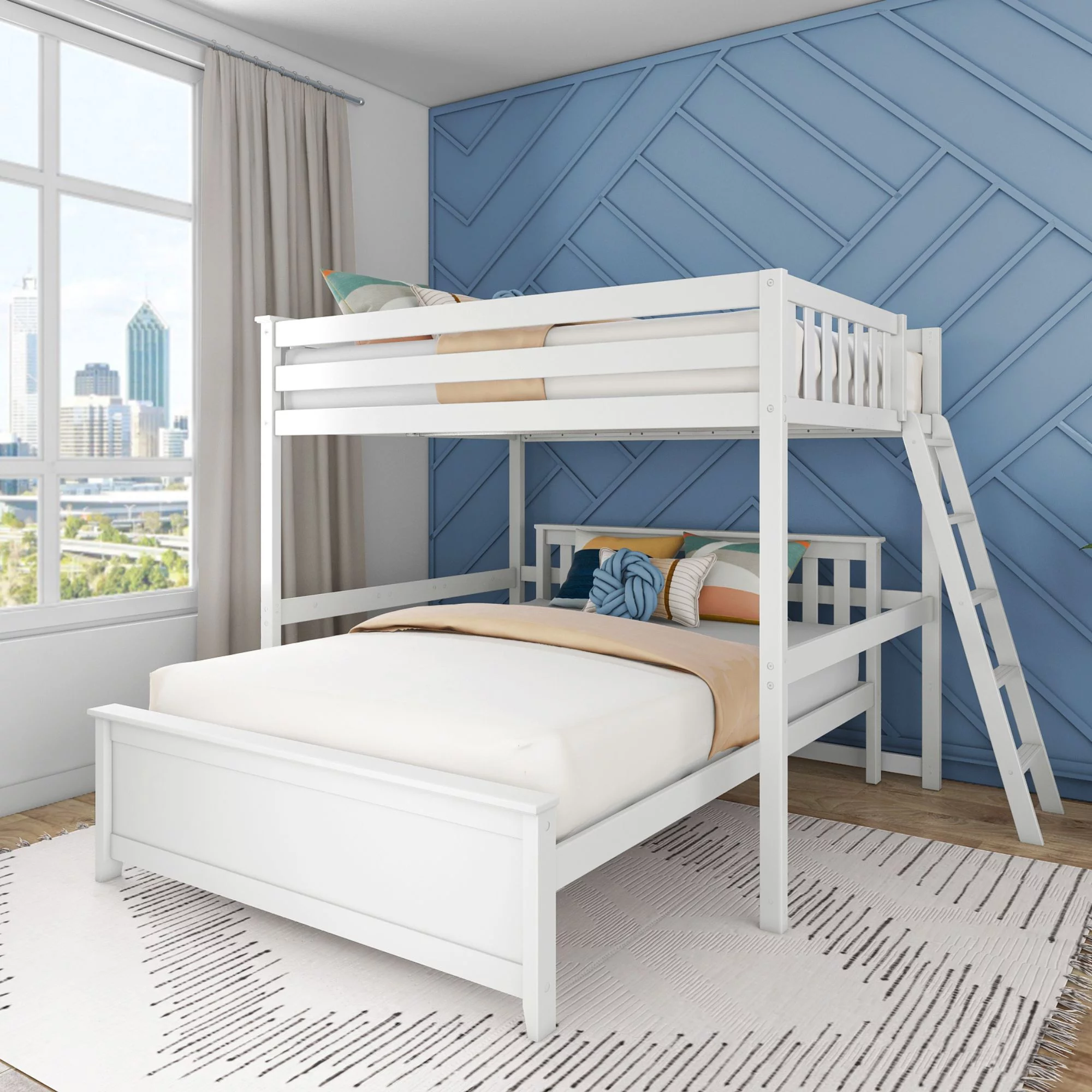 Max & Lily Solid Wood L-Shaped Full over Queen Bunk Bed with Ladder on End for Kids, White
