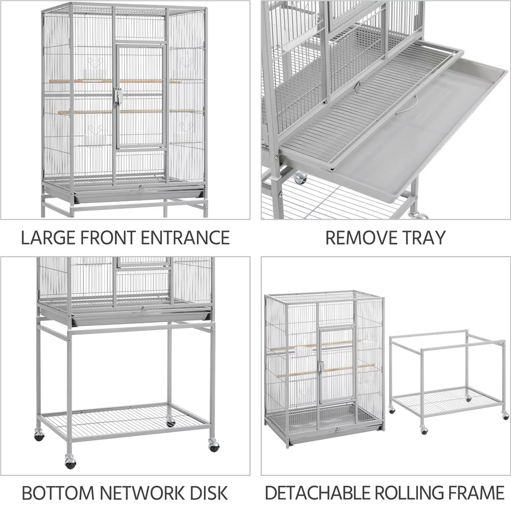 Topeakmart 54''H Large Rolling Metal Parrot Cage Bird Cage with Detachable Stand for Conures Parakeets Cockatiels, Light Gray