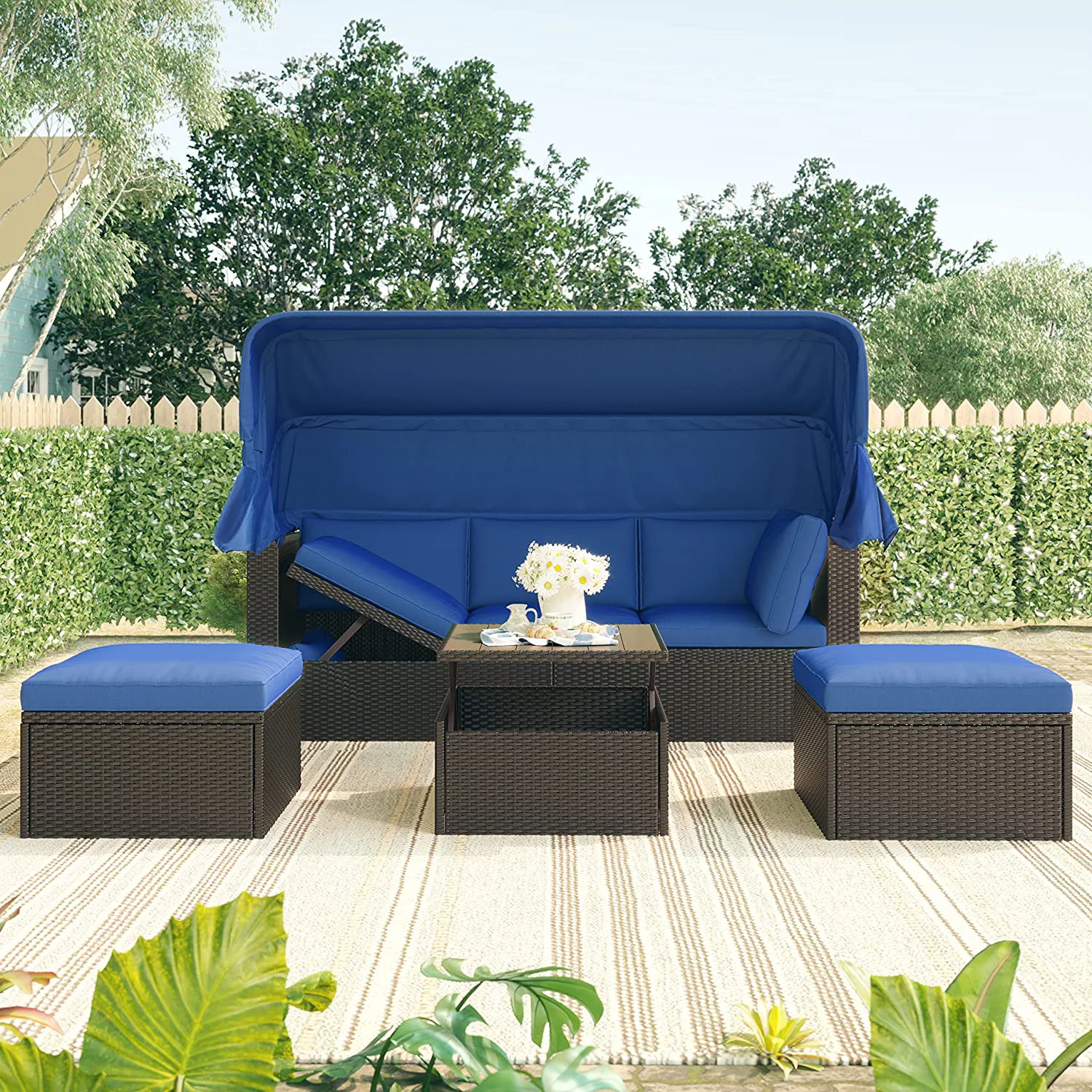 Outdoor Patio Rectangle Daybed with Retractable Canopy,All-Weather Wicker Sectional Furniture Set with Cushions and Lifting Table for Backyard Porch, Blue