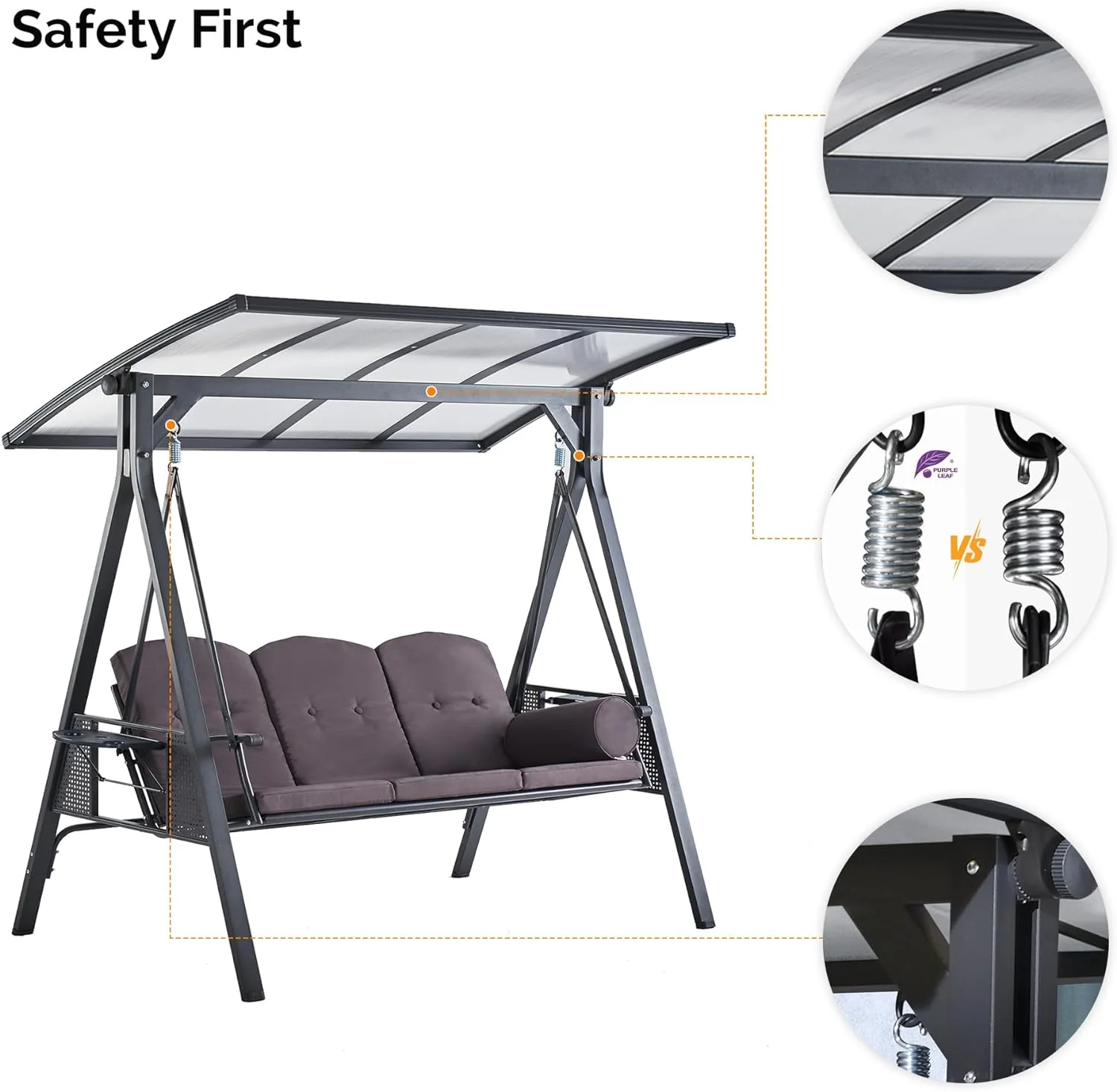 PURPLE LEAF Outdoor Patio Porch Swing with Adjustable PVC Canopy, 3-Seat Swing Chair Bench with Side Cup Holder for Backyard Front Porch Lawn, Cushions and Pillow Included, Grey