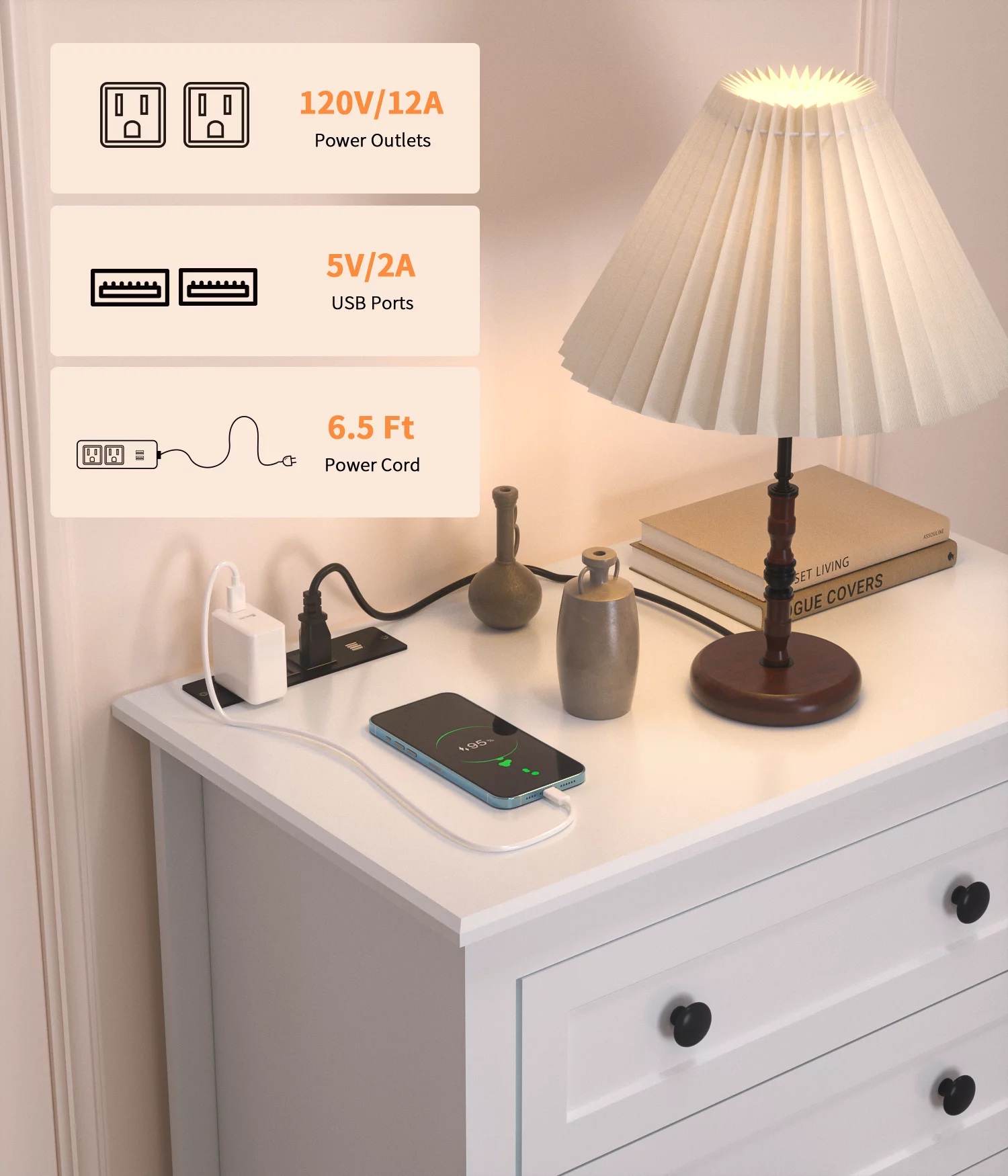 HAIOOU 5 Drawer White Dresser with Power Outlets, Wooden Vertical Dressers for Bedroom Large Storage Chests of Drawers with Hidden Drawer Compartment for Living Room, Closet, Entryway, Hallway