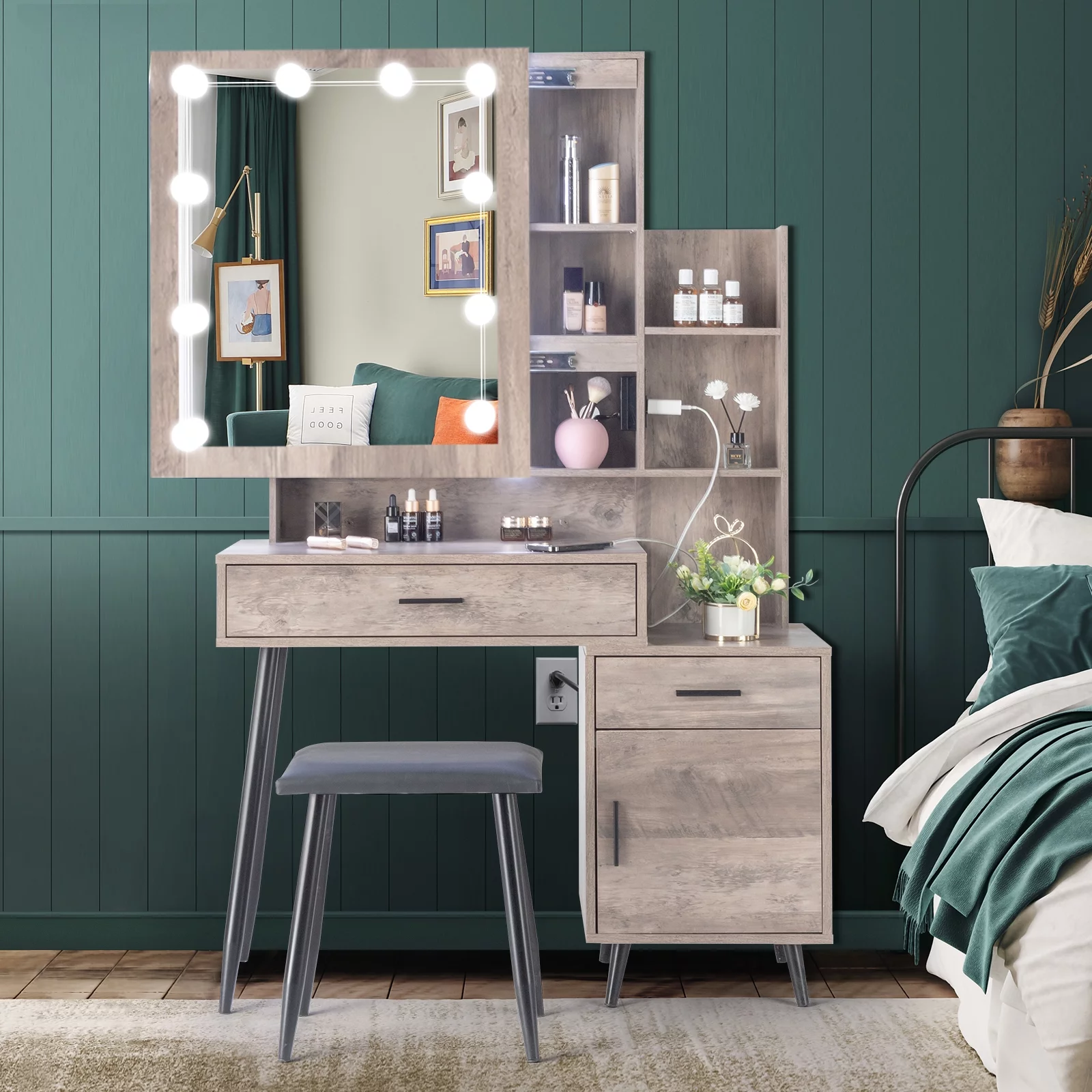 Ktaxon Lighted Vanity Table Set with USB Charging Station, Makeup Dressing Table with Sliding Mirror, Bedroom Vanities Set