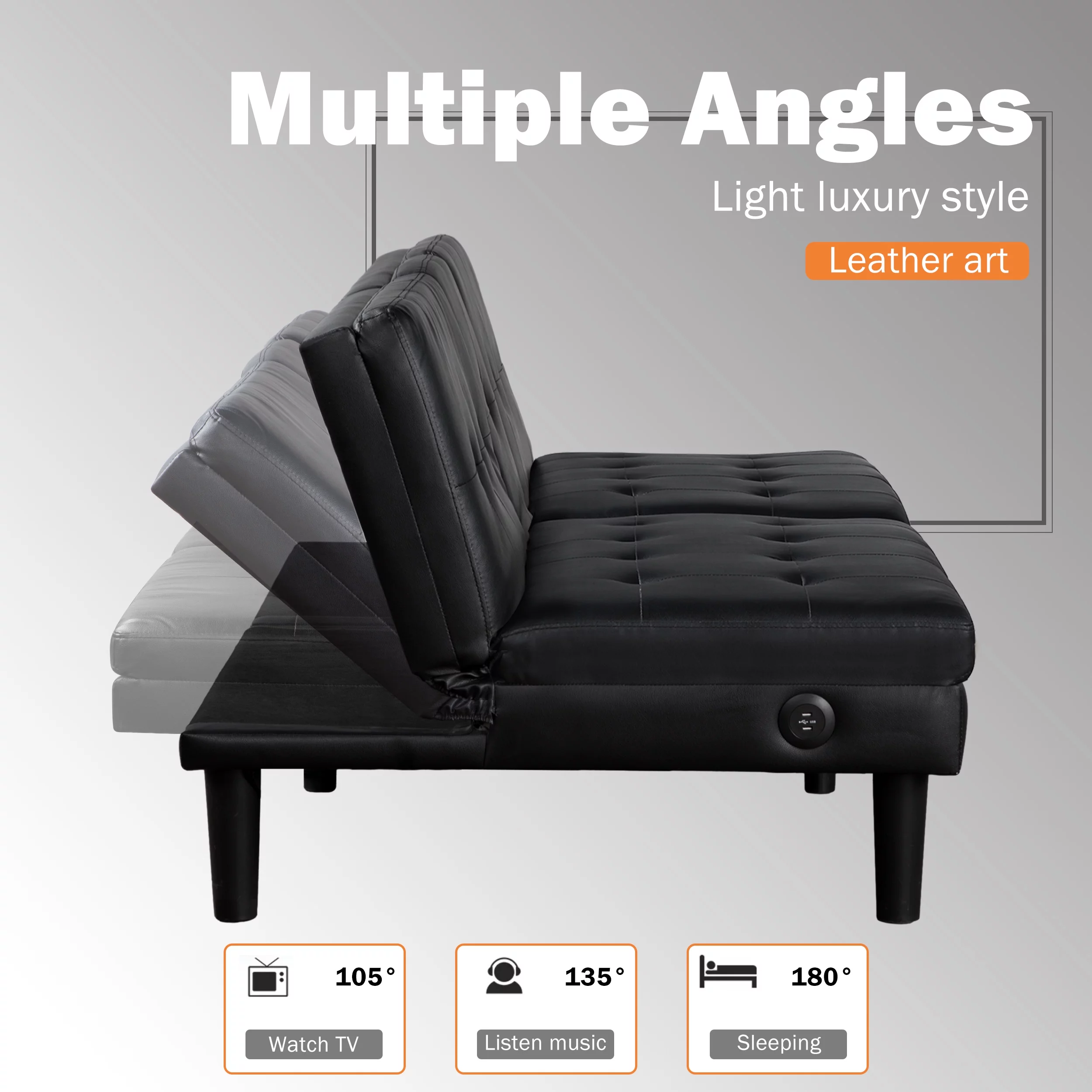 TrumanPick Memory Foam Futon, Convertible Sofa Bed with USB ports and Cupholders, Faux Leather Black