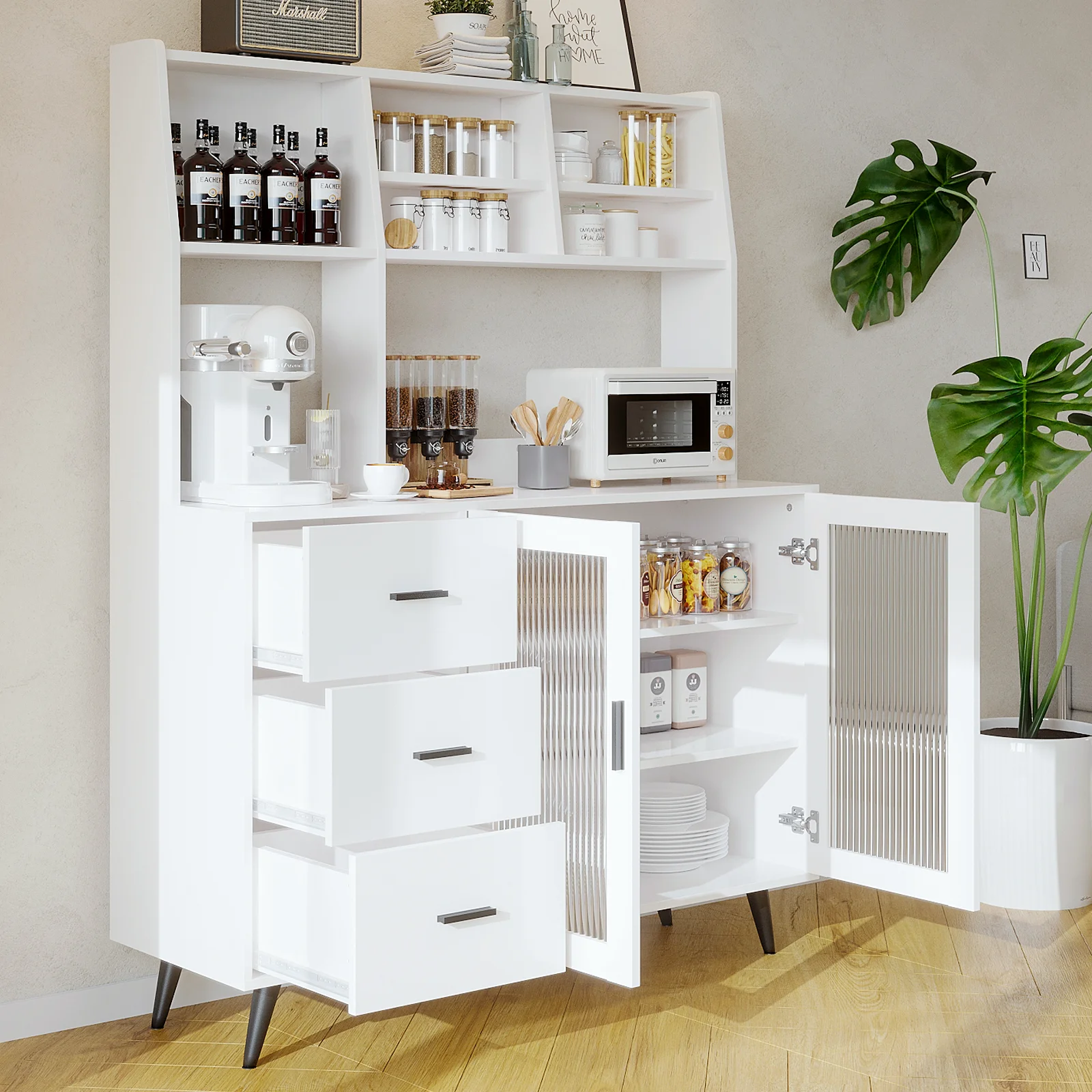 RichYa Kitchen Hutch Storage Cabinet, Freestanding Kitchen Pantry with Glass Doors and 3 Drawers for Dinning Room, Living Room, White