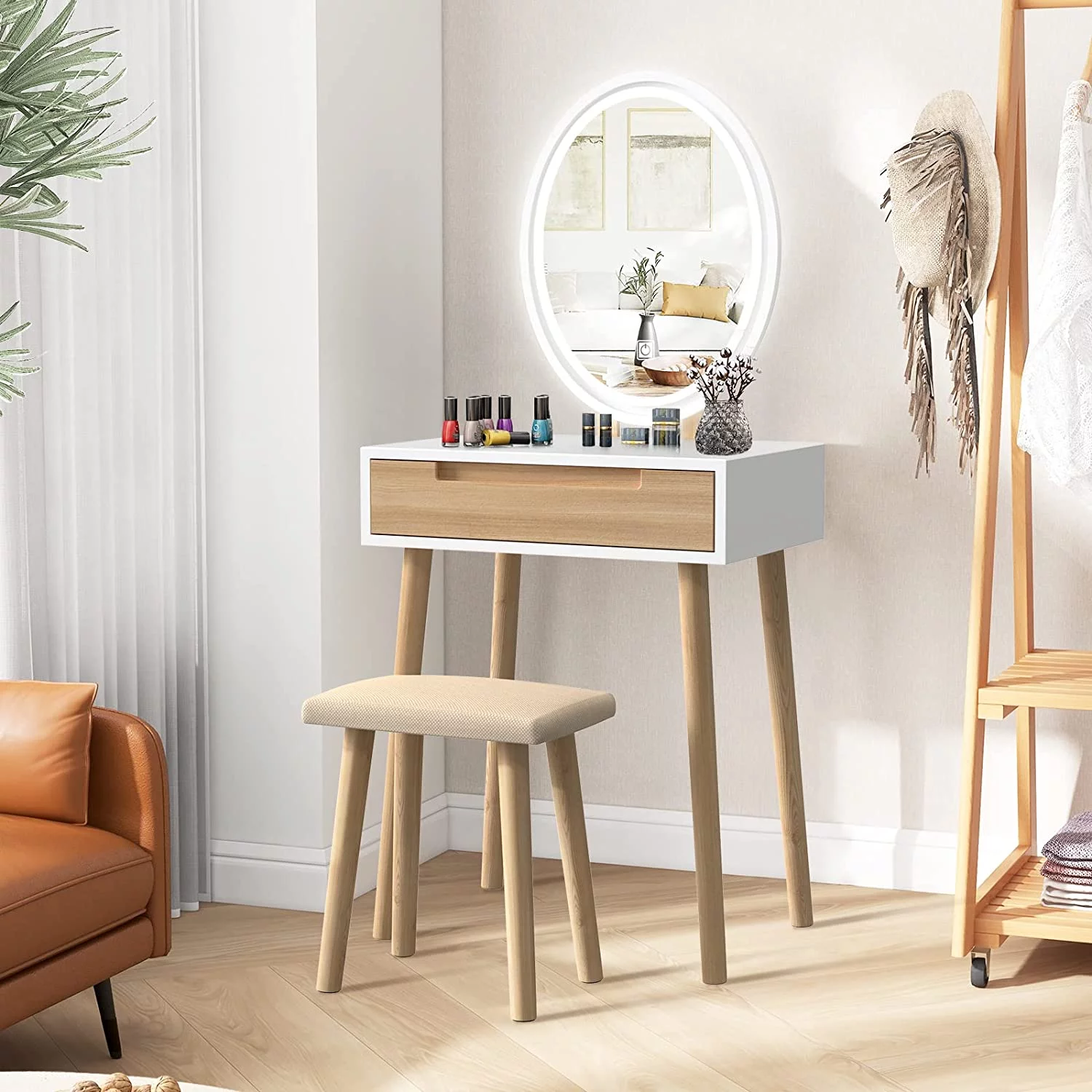 ELEWISH Makeup Vanity Table Set with 3 Modes Adjustable Lighted Mirror Cushioned Stool, Dressing Table for Small Space with Free Make-up Organizer (White+Wood)