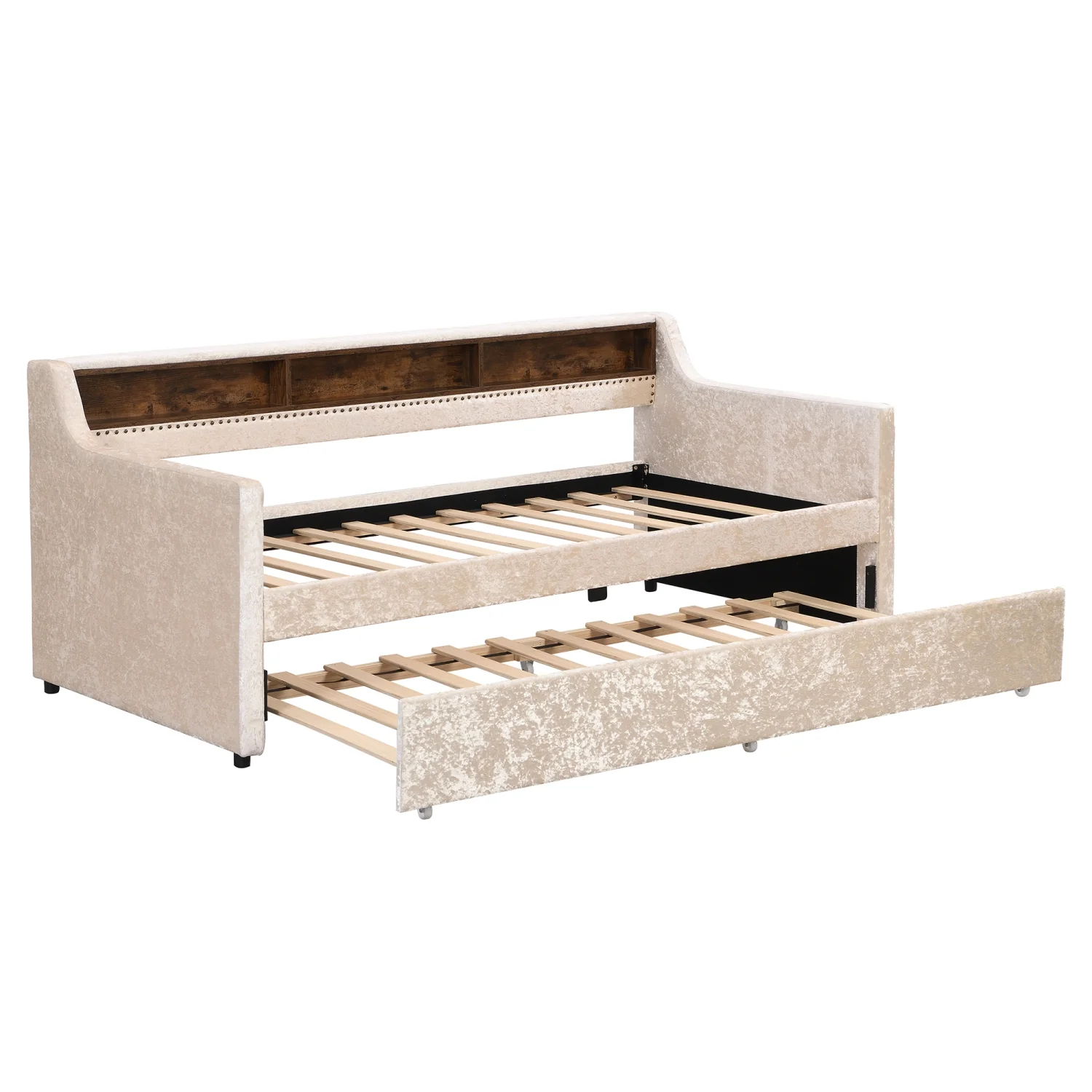 Churanty Twin Size Upholstered Daybed with Trundle and Built-in Storage Shelves, Snowflake Velvet Sofa Bed Wood Day Bed Frame for Bedroom Living Room Guest Room, Beige