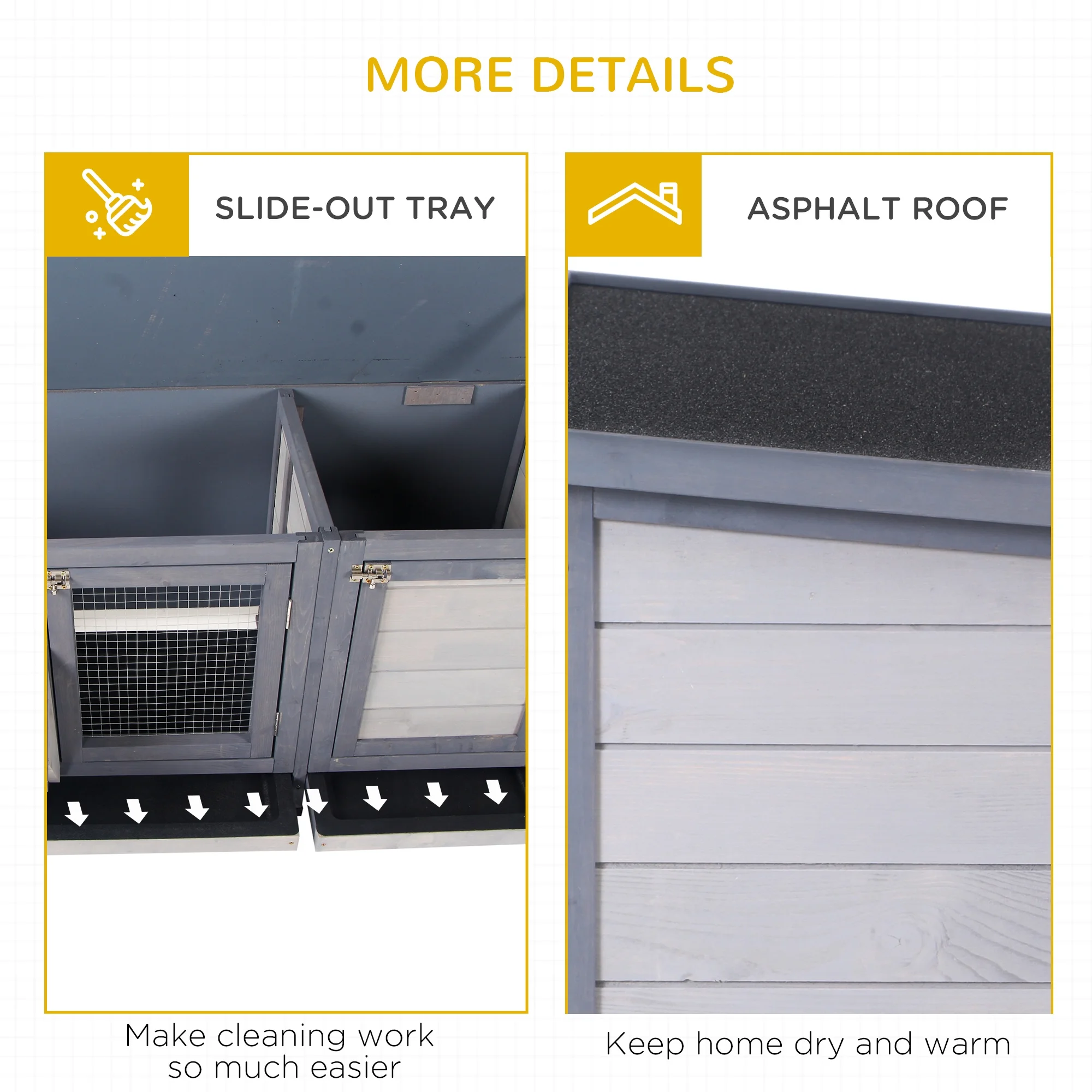 PawHut Wooden Rabbit Hutch Bunny Hutch Cage Guinea Pig with Waterproof Roof, No Leak Tray and Feeding Trough, Indoor/Outdoor, Gray