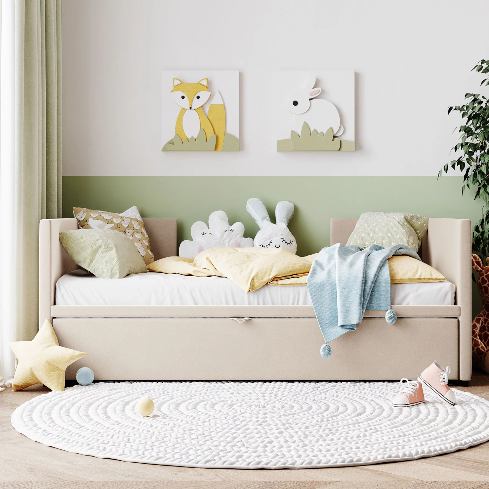 Bellemave Upholstered Daybed with Pop up Trundle, Wooden Twin Size Sofa Beds with Extendable Trundle Beds, Twin to King Daybed Frame for Bedroom or Living Room (Beige)