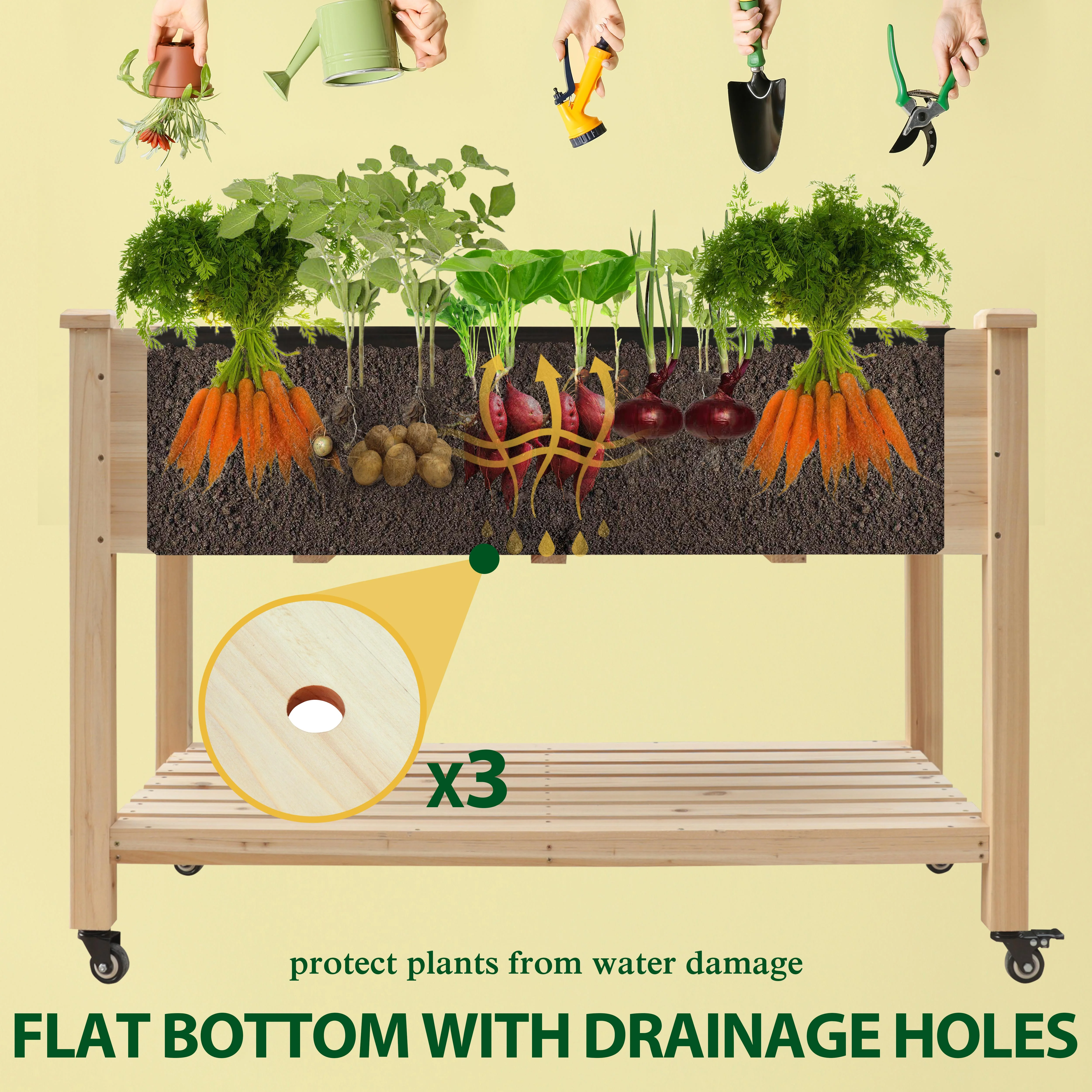 VEIKOUS Raised Garden Bed, 47''L x 22''W x 33''H Elevated Wood Planter W/ Wheels and Storage Shelf for Herbs and Vegetables