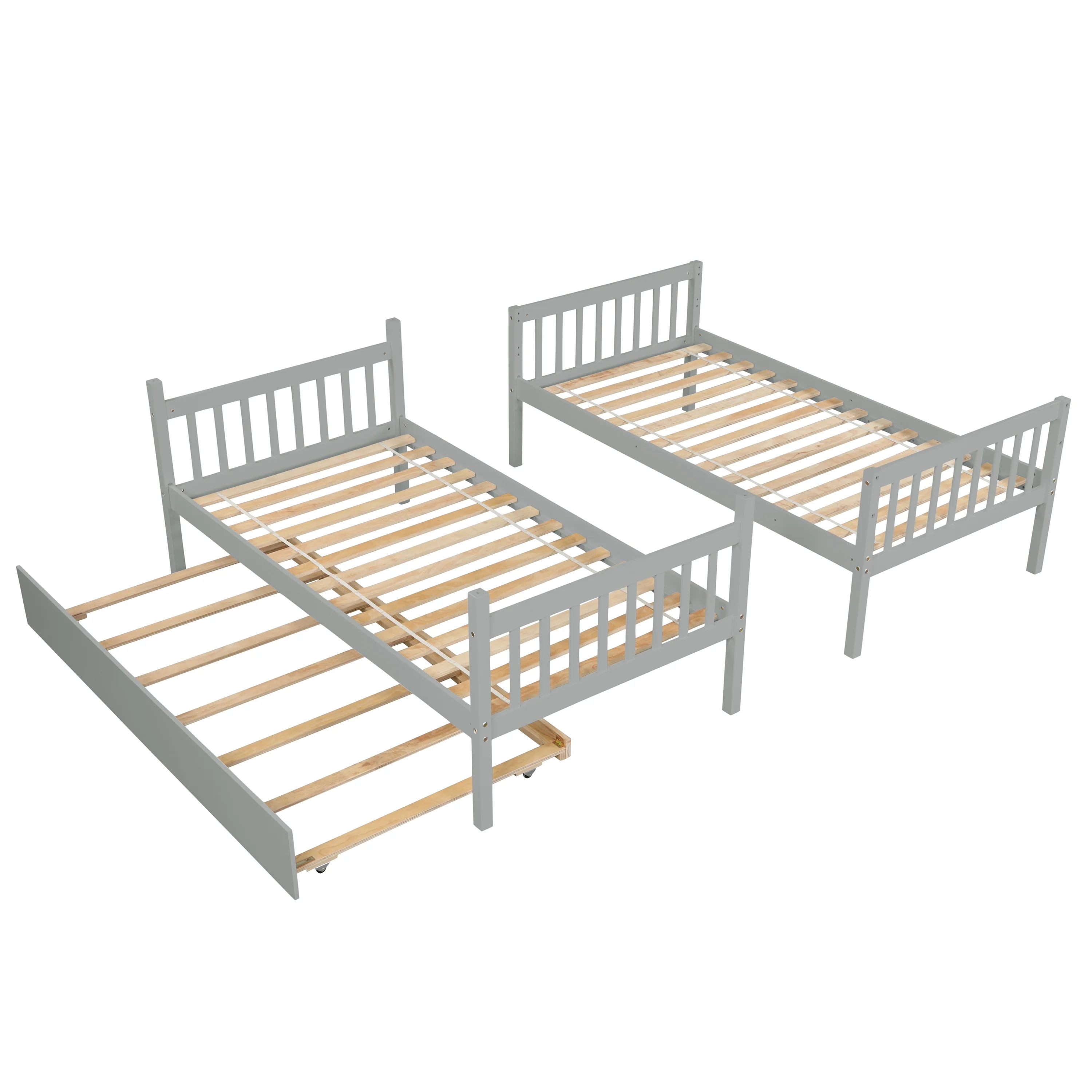Bellemave Twin over Twin Bunk Bed with Trundle, Convertible Wood Bunk Bed with Ladder and Guardrails for 3 Kids, Teens, No Box Spring Needed (Gray)