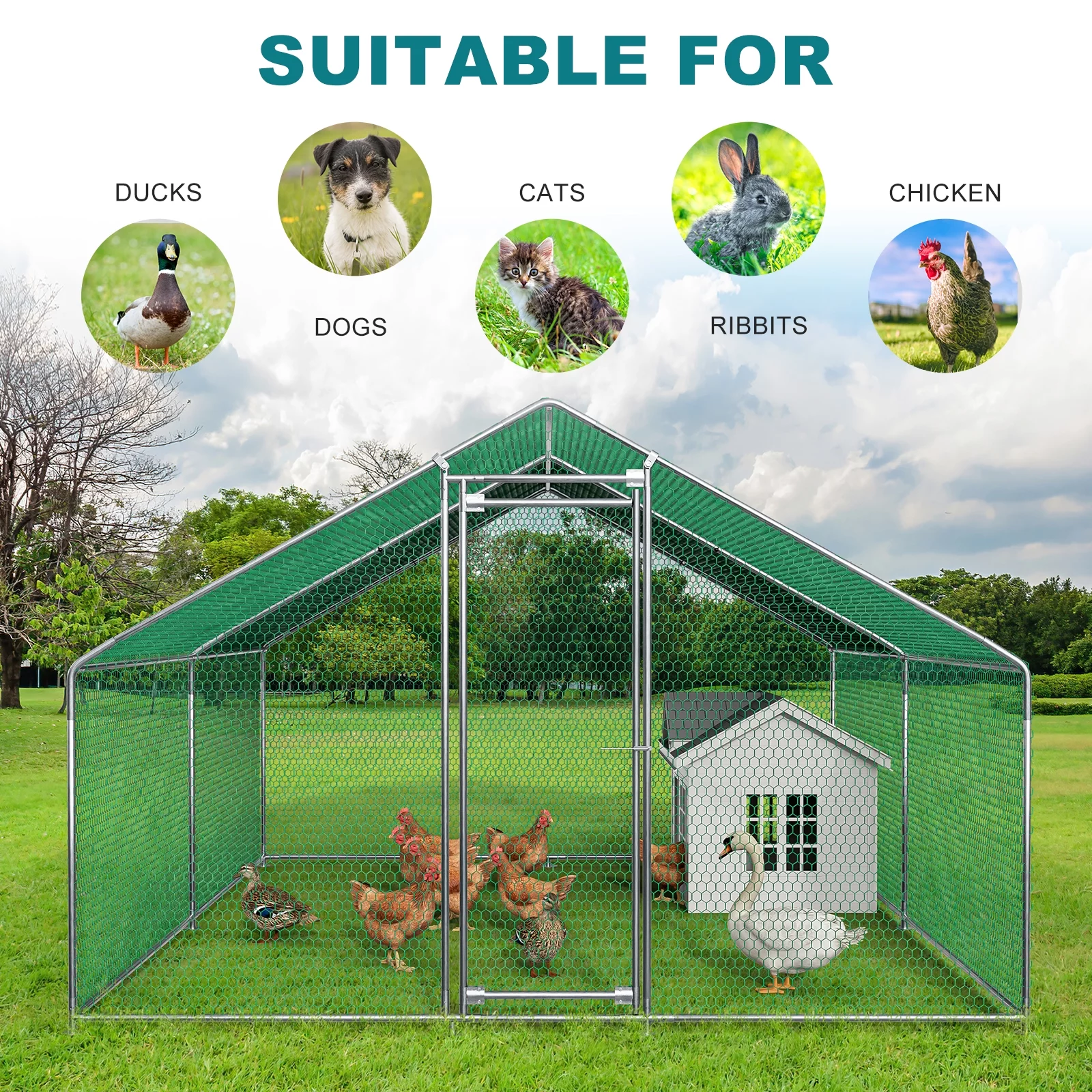 Oarlike Metal Chicken Coop for 15 Chickens Large Chicken Runs for Yard with Cover Galvanized Steel Chicken Pen Outdoor for Hen Duck Rabbits Goose Puppy Heavy Duty Walk-in Poultry Cage