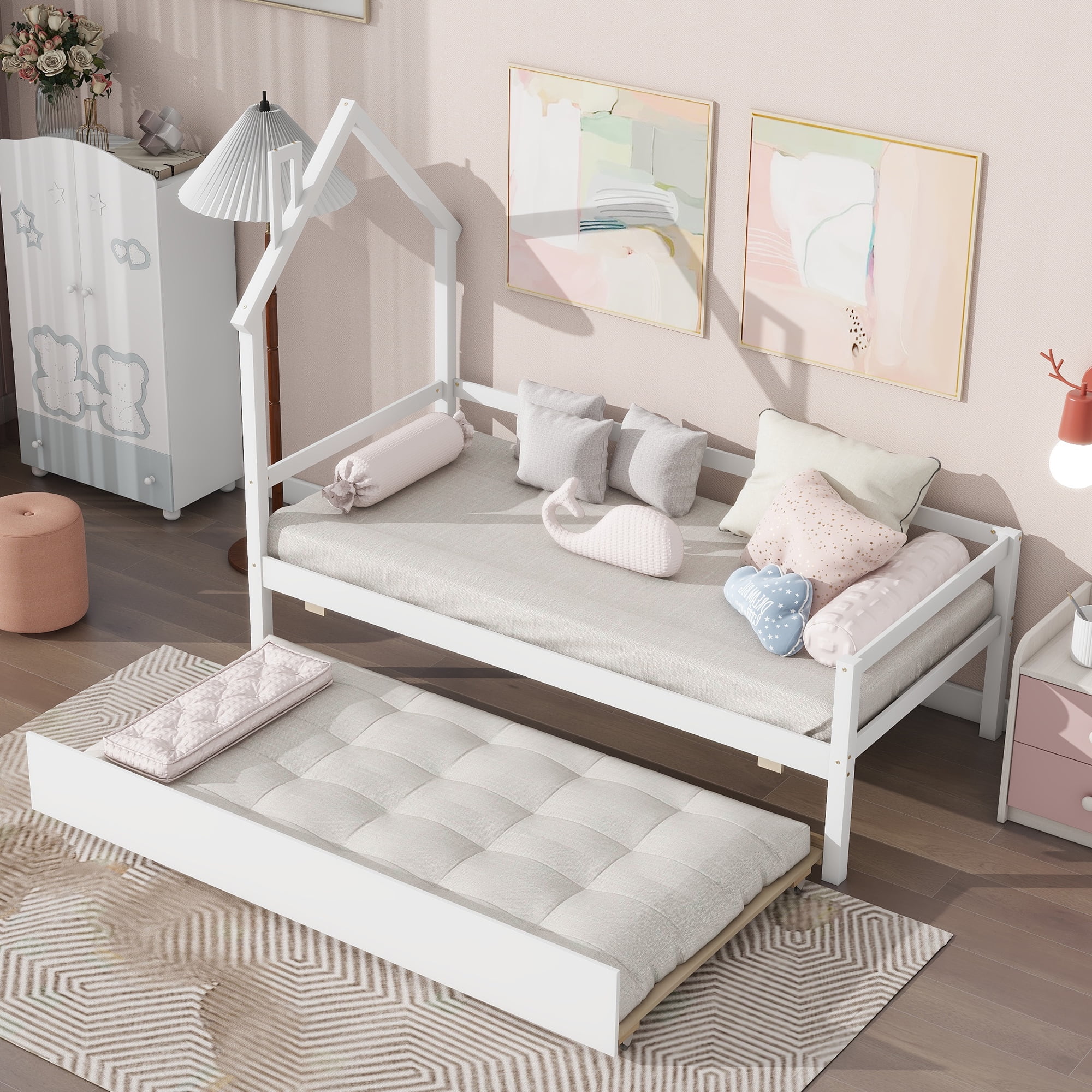 Bellemave Twin Size Daybed Bed with Trundle and House-shaped Headboard Twin Wood Platform Bed Frame with Guardrails Montessori House Bed for Kids, Toddlers, Boys, Girls, White