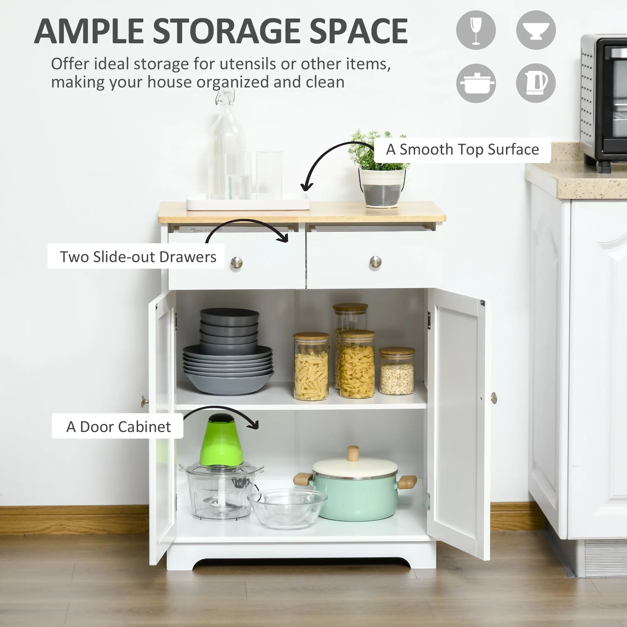 HOMCOM Sideboard Buffet Cabinet, Double Door Kitchen Cabinet, Coffee Bar Cabinet with 2 Drawers, Adjustable Shelf for Living Room and Hallway, White