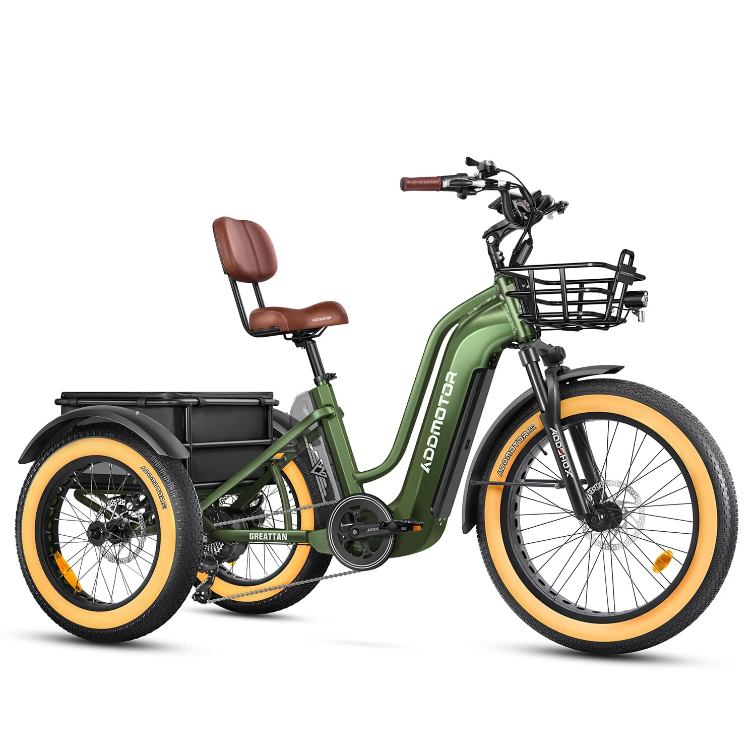 Addmotor Electric Trike for Adults, 750W Rear Mount Motor Electric Tricycle, 85MI/160MI, 48V 20AH/40AH Dual Battery System, 3 Wheel Electric Bicycle w/Parking Brake, Differential, Fat Tire M-370 Green