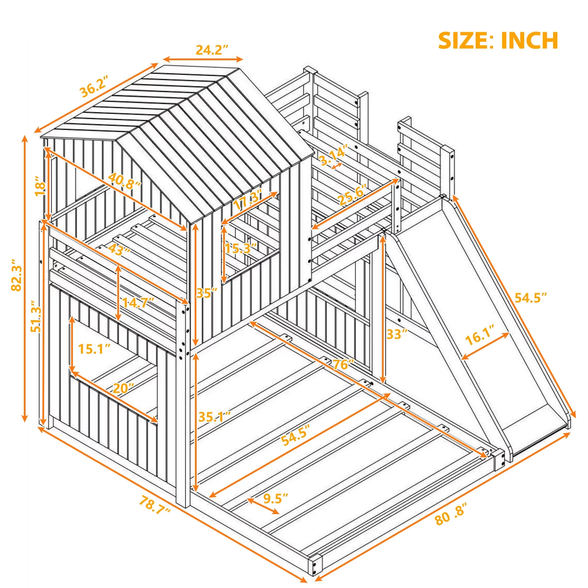 Bellemave Twin Over Full House Bunk Bed with Slide, Wood L-Shaped Fort Loft Bunk Beds Frame with Ladder, Floor Playhouse Bed for Kids, No Need Spring Box (Antique Gray)