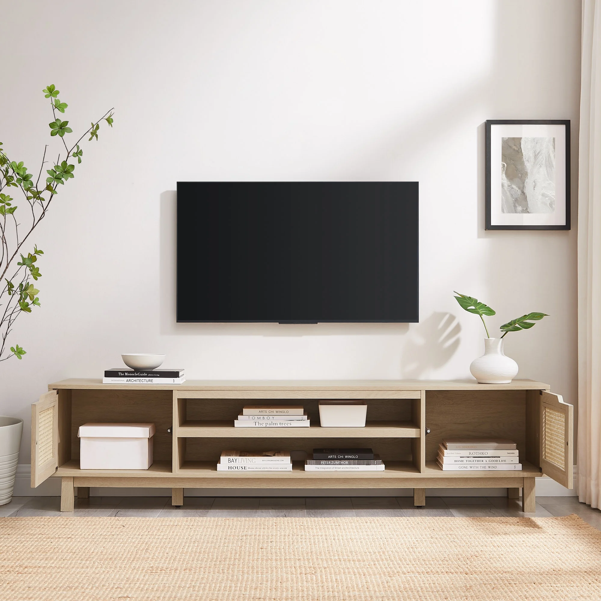 Walker Edison Boho 2-Door Rattan TV Stand for TVs up to 80”, Coastal Oak