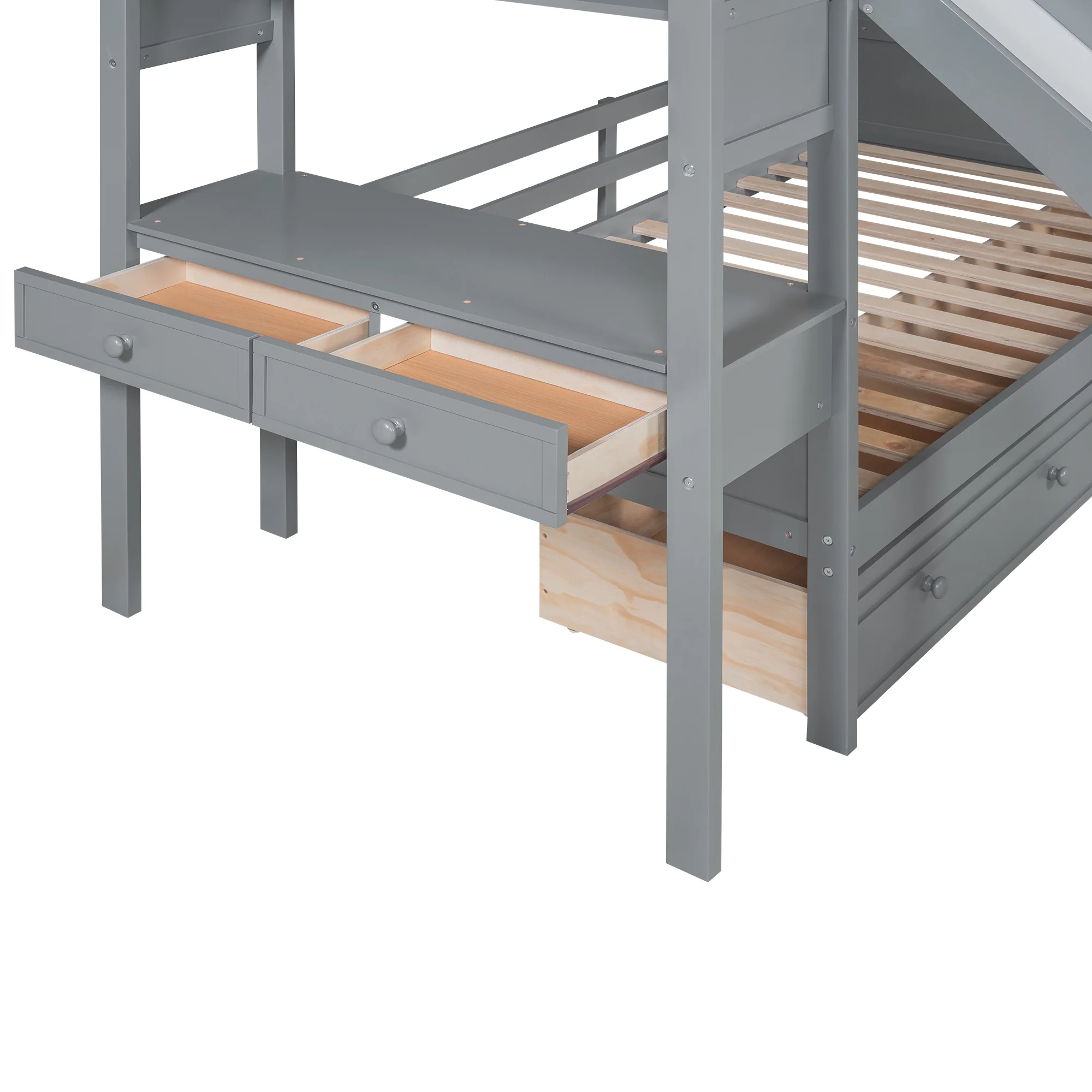 Euroco Wood Twin over Twin Bunk Bed with Desk and Slide, 4 Drawers and Shelf, Bookcase and Storage Staircase for Kids, Gray