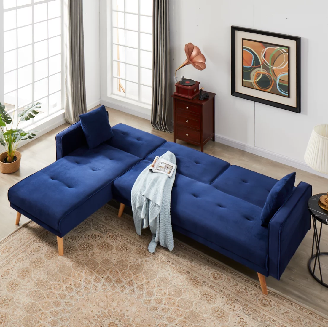 Modern Velvet L-Shaped Sectional Sofa Bed, Convertible Folding Sleeper Futon Couch with Chaise Lounge and Pillows for Living Room Office Apartment