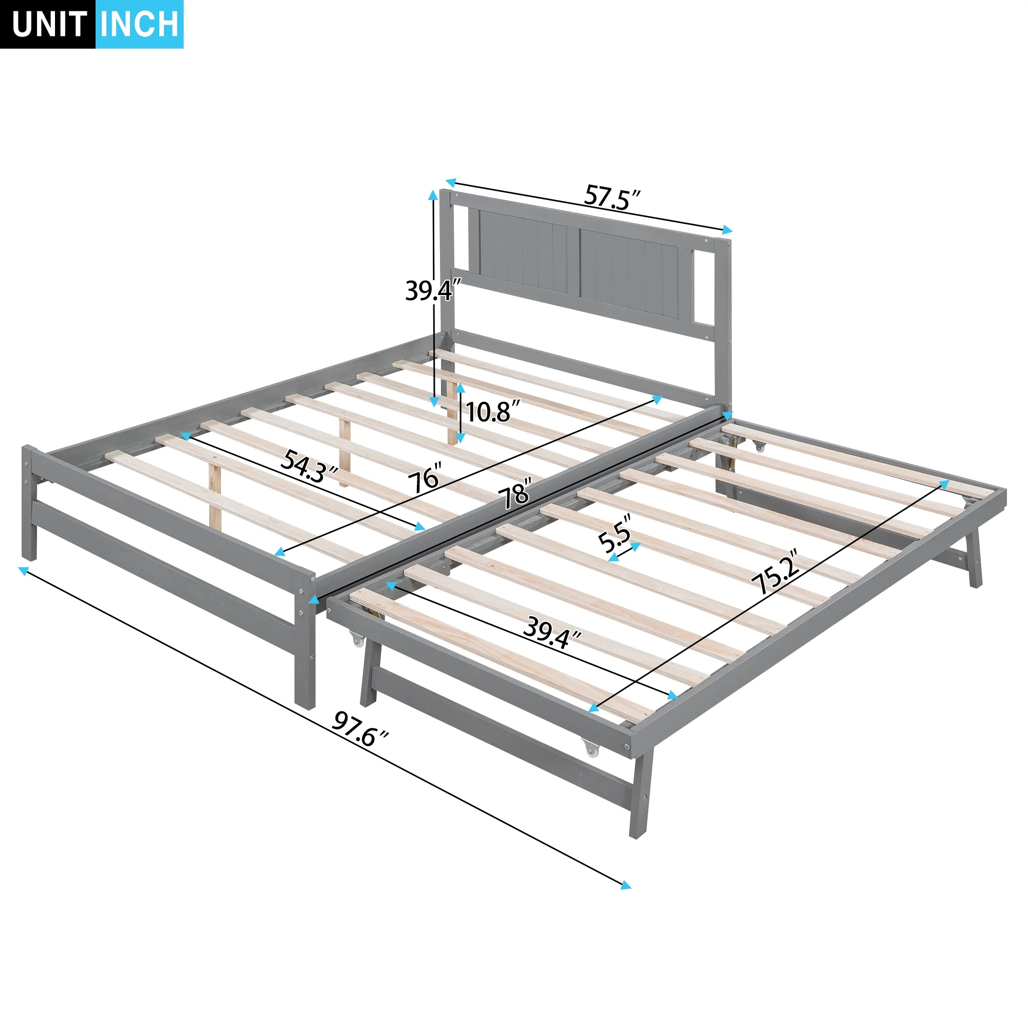 Euroco Wood Full Size Platform Bed with Trundle Frame Set, Wooden Bed Frame with Convertible Trundle Bed for Kids Teens Adulst, Gray