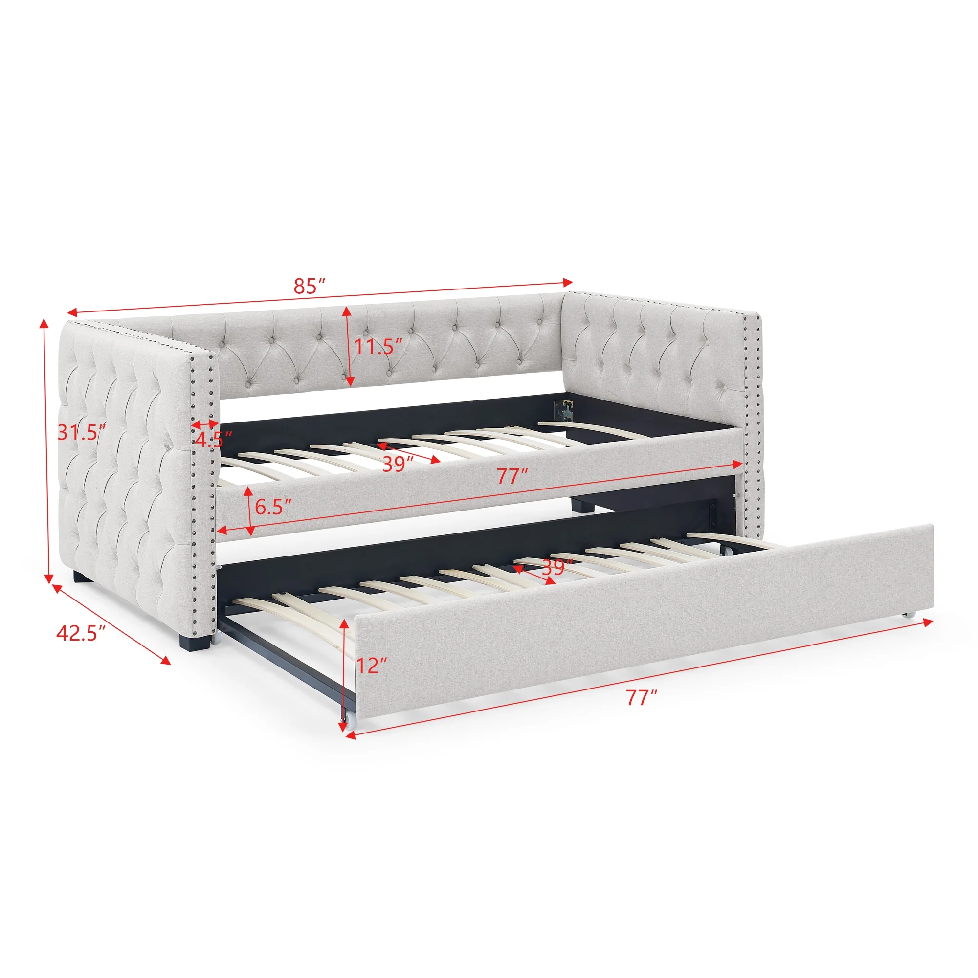 Aukfa Upholstered Daybed with Trundle, Twin Daybed, Button Tufted, Nailhead Trim - Beige