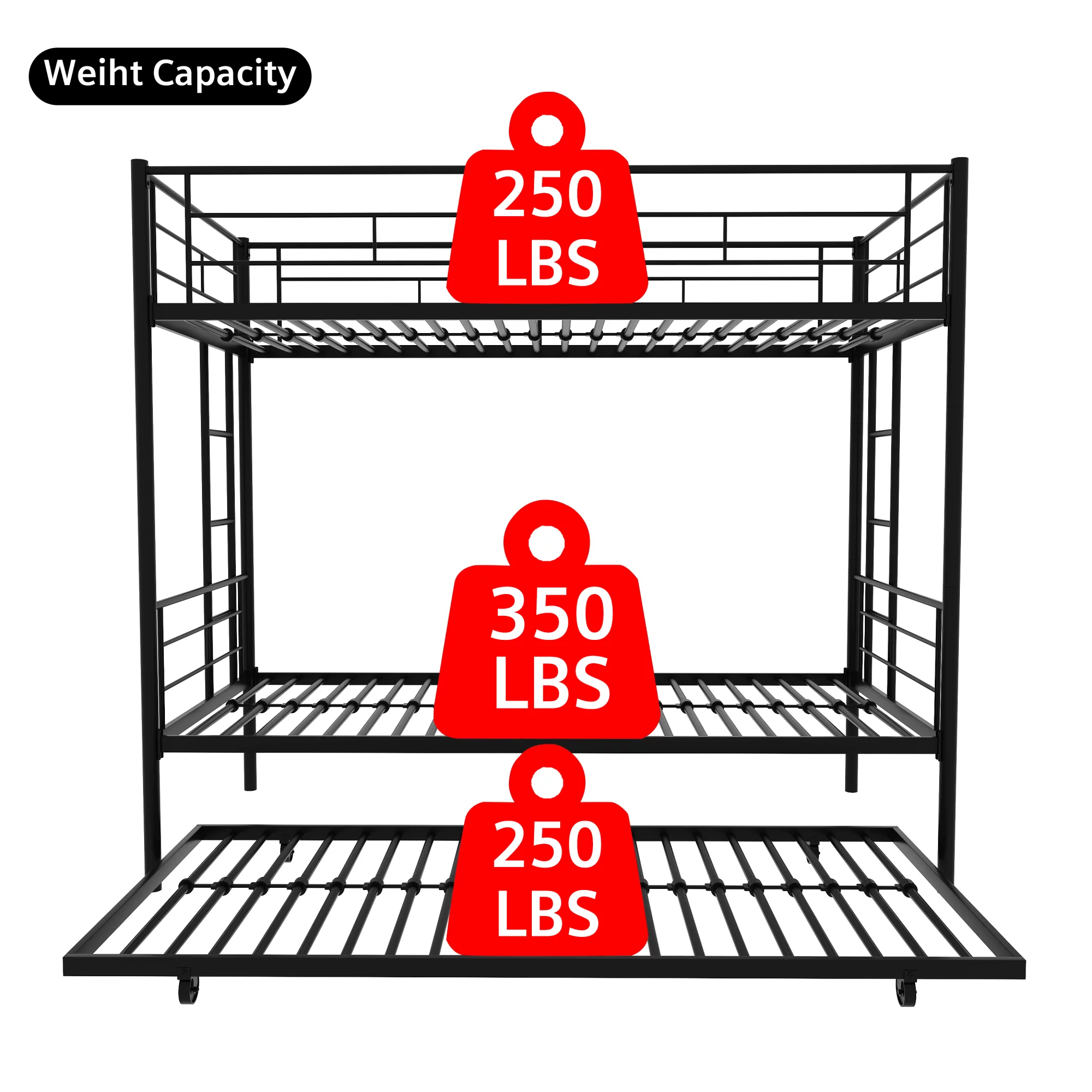 Heavy Duty Metal Bunk Bed Frame with Trundle - Twin Over Twin, Convertible - 3 beds