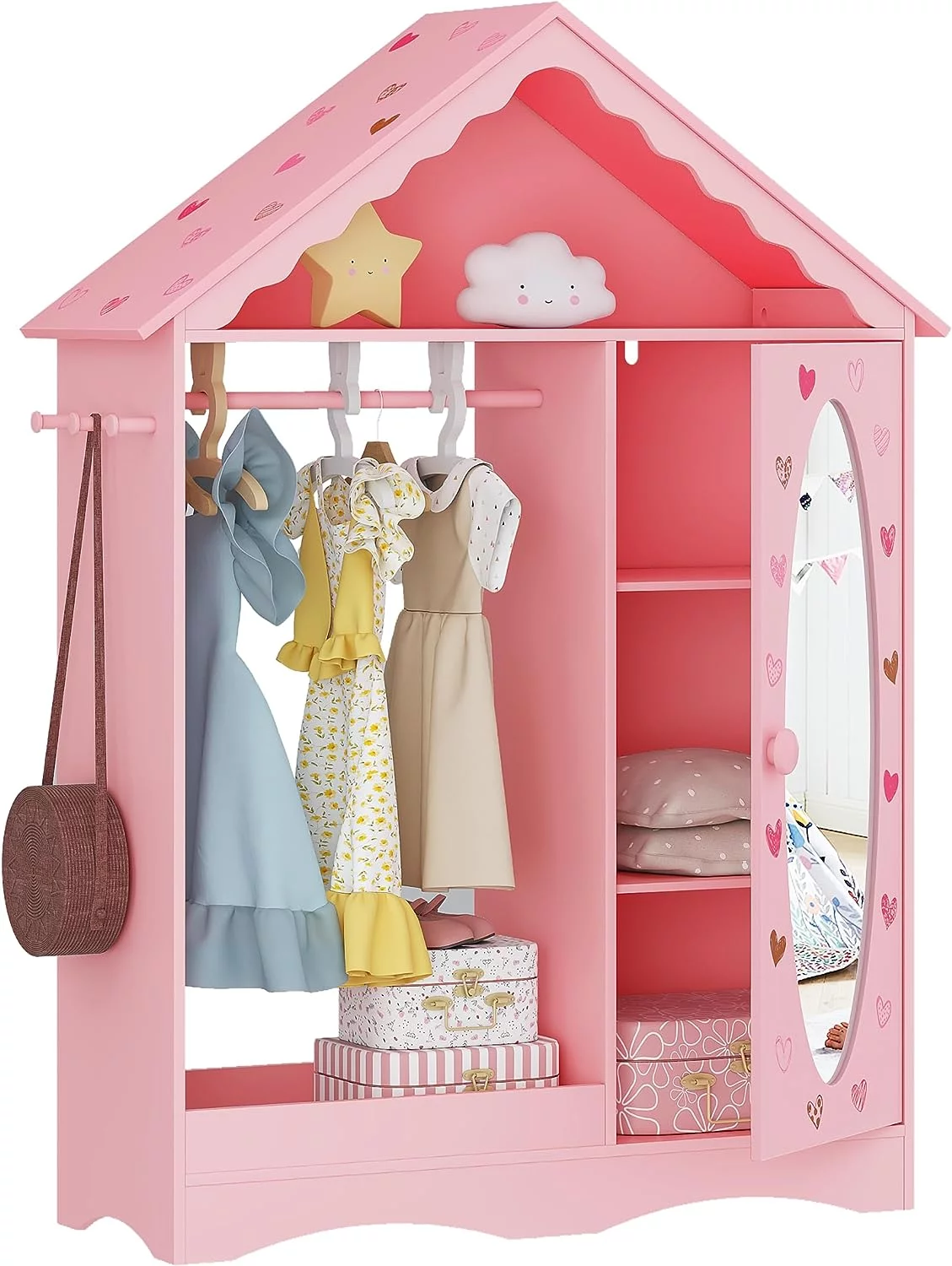 UTEX Kids Dress Up Storage with Mirror, Kids Wardrobe Closet, Dress Up Armoire for Little Girls, Open Hanging Kids Costume Organizer with 3 Adjustable Shelves for Bedroom, Playroom