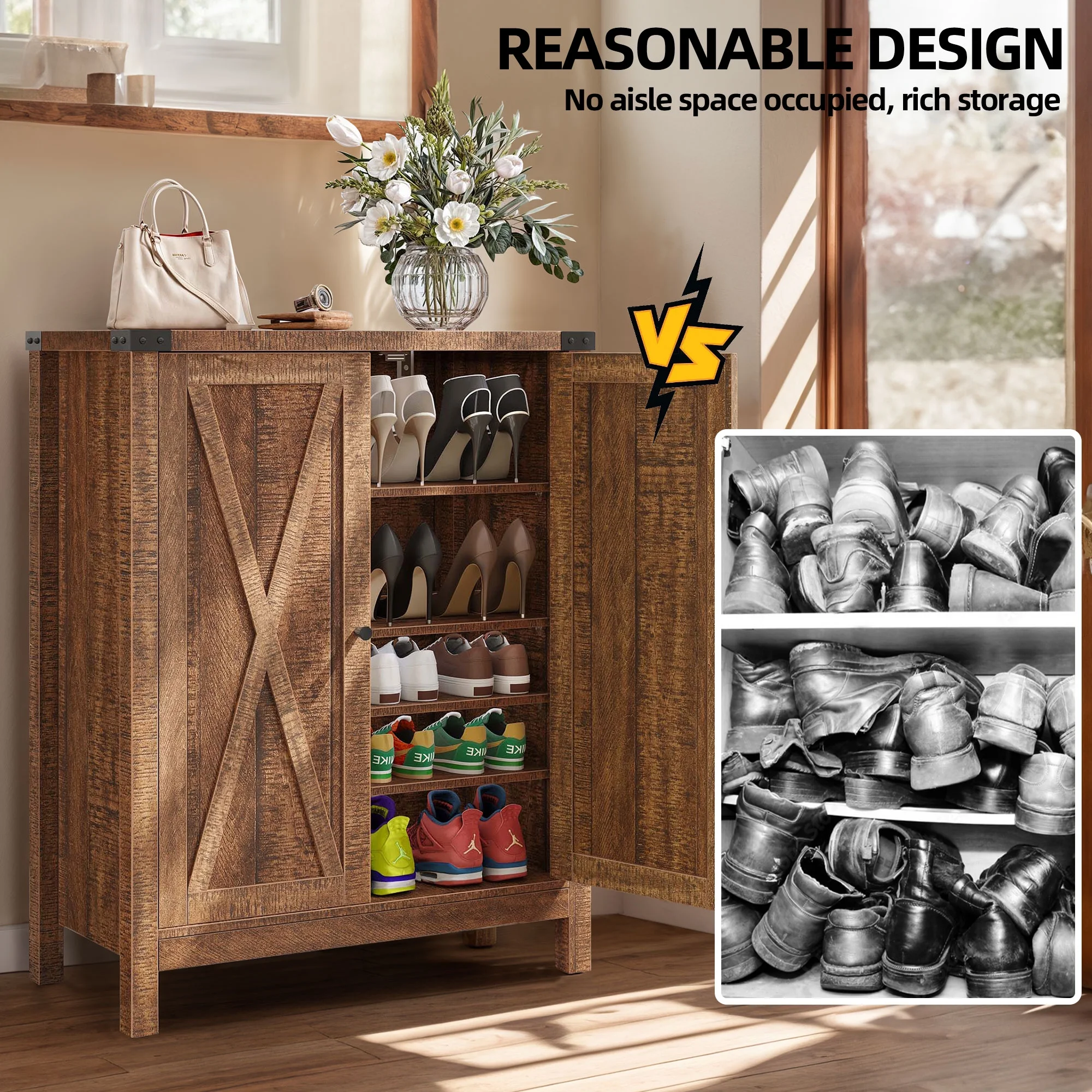 Dextrus Farmhouse Shoe Cabinet with Barn Doors, 5-Tier Wood Shoe Storage Rack Organizer for Entryway/Hallway/Closet, Brown