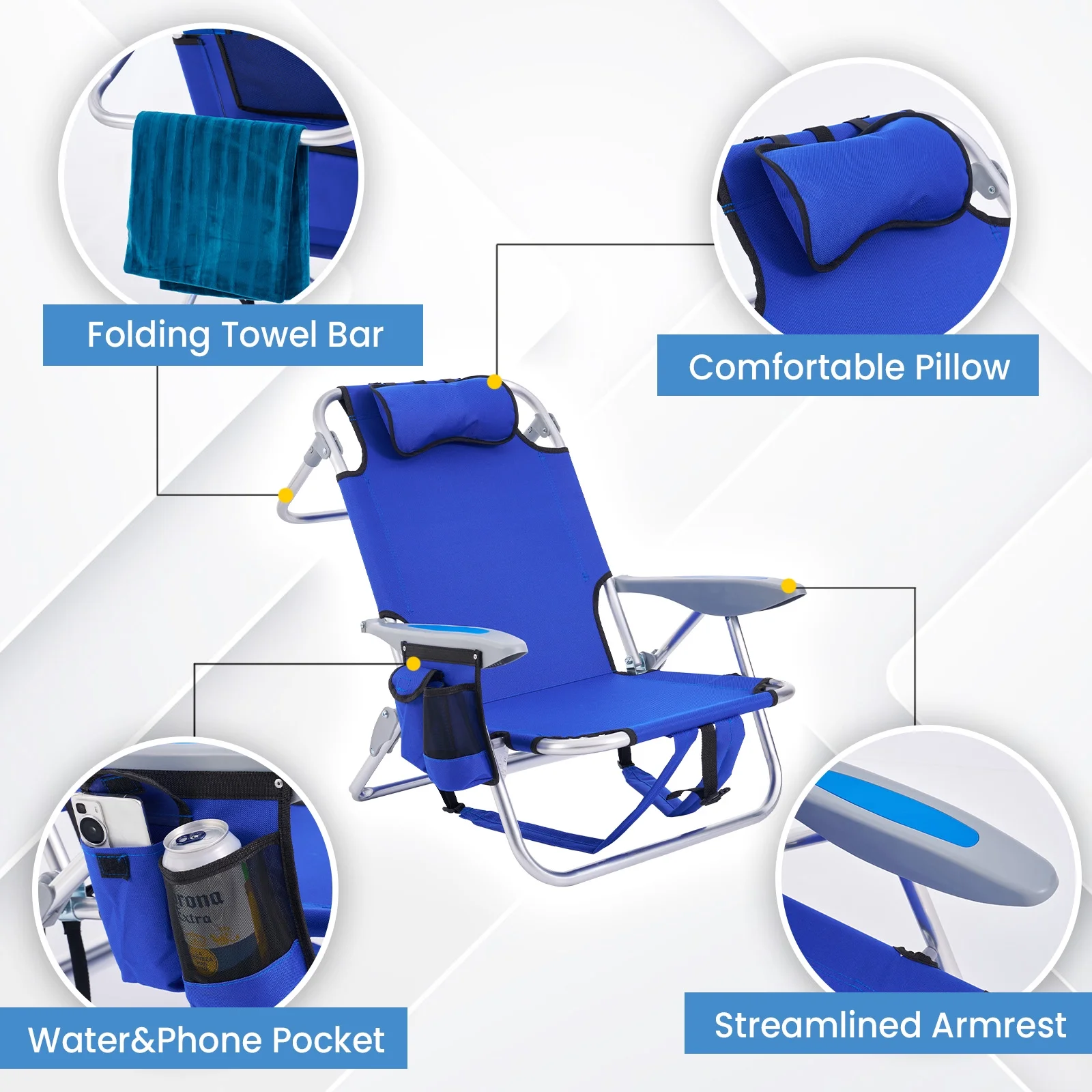 TSCOMON Beach Chair for Adults, 4 Position Portable Backpack Foldable Camping Chair with Headrest, Cup Holder, and Cooler Pouch (Blue,2 Pack)