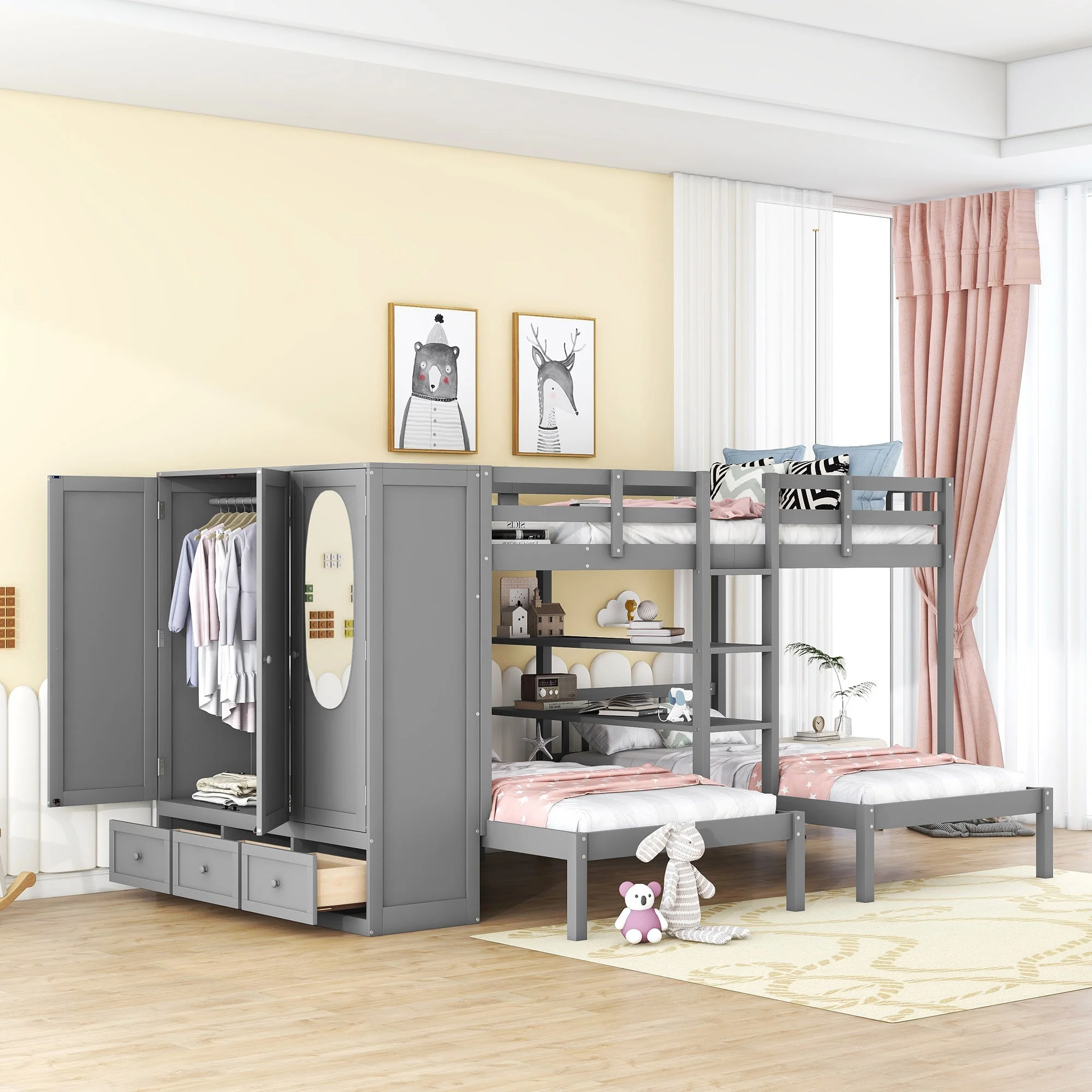 Churanty Full-Over-Twin-Twin Bunk Bed with Shelves, Wardrobe and Mirror, Gray