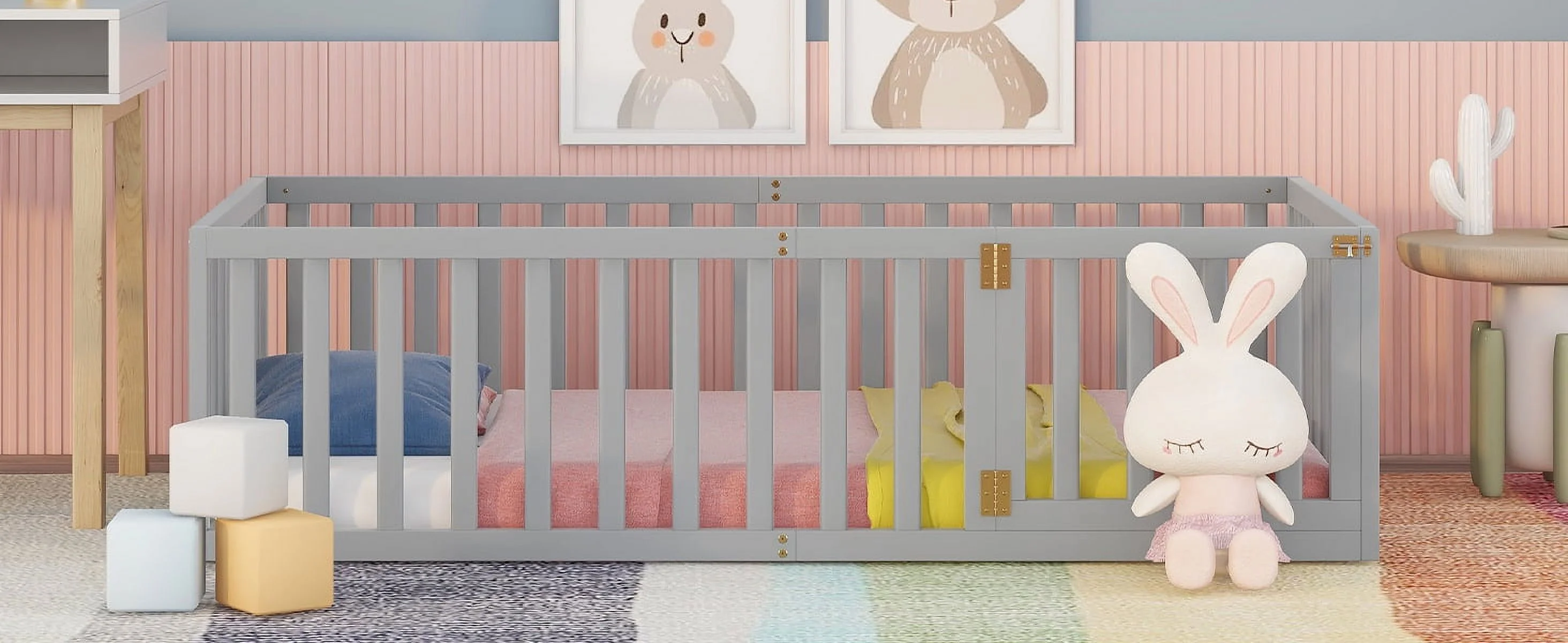 Wood Floor Bed with Fence and Door for Kids, Twin, Gray