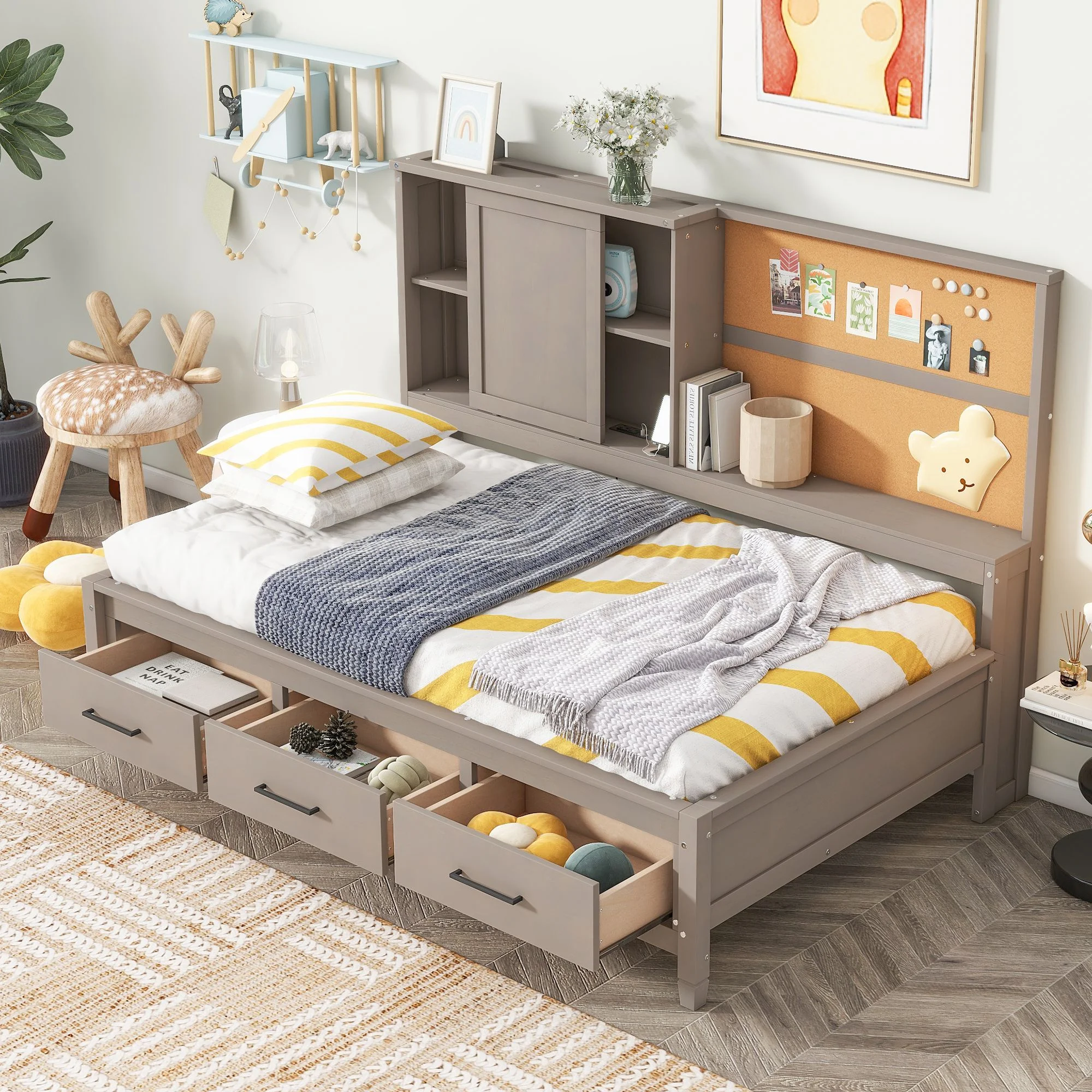 Twin Size Solid Wood Bed Frame with Storage Shelves, Cork Board, USB Ports and 3 Drawers, Platform Bed Frame, Mid Century Bedframe, Wood Lounge Daybed, Wood Foundation(Antique Gray, Twin)