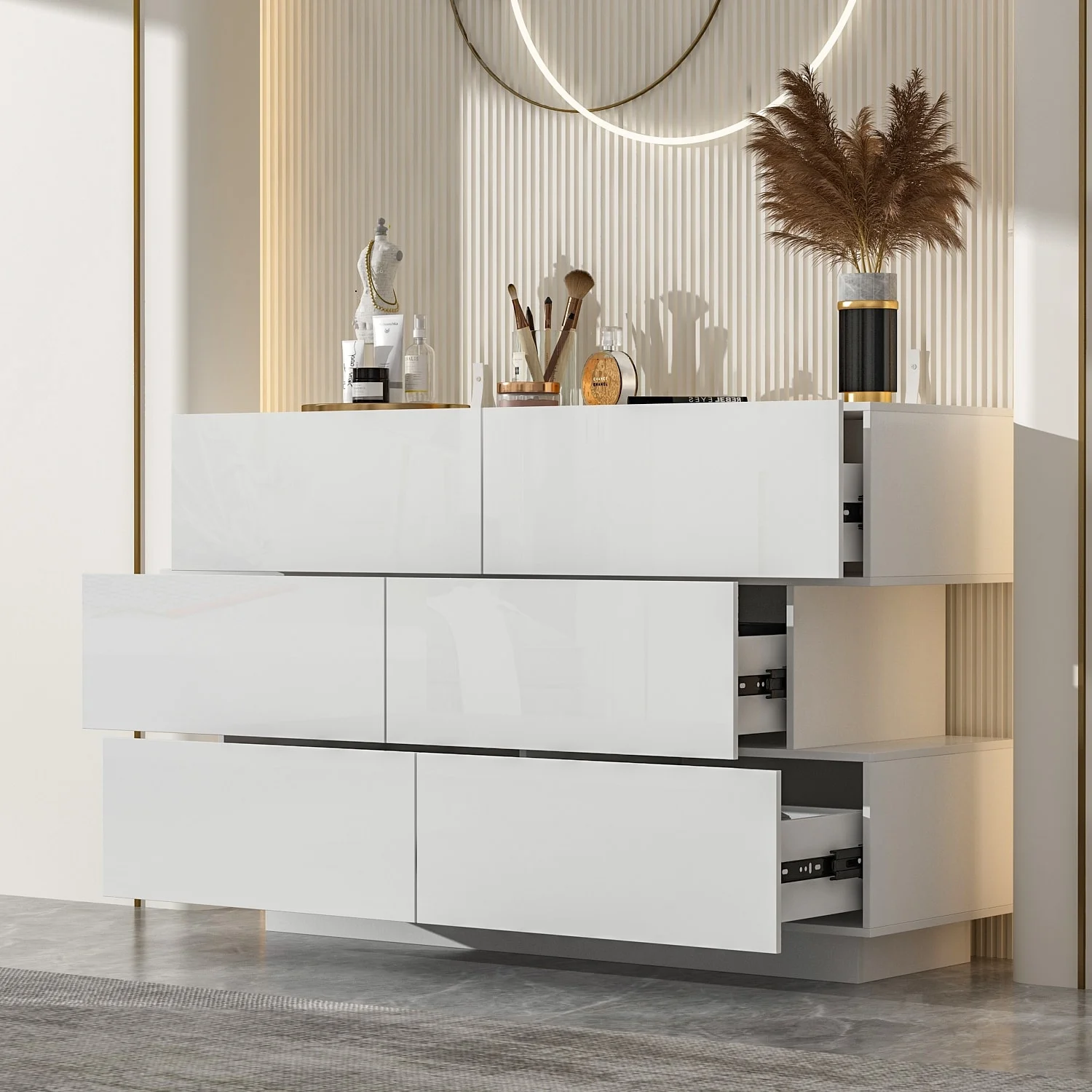 High Glossy Six-Drawer Dresser Chest with Off-Set Design (Black/White) White