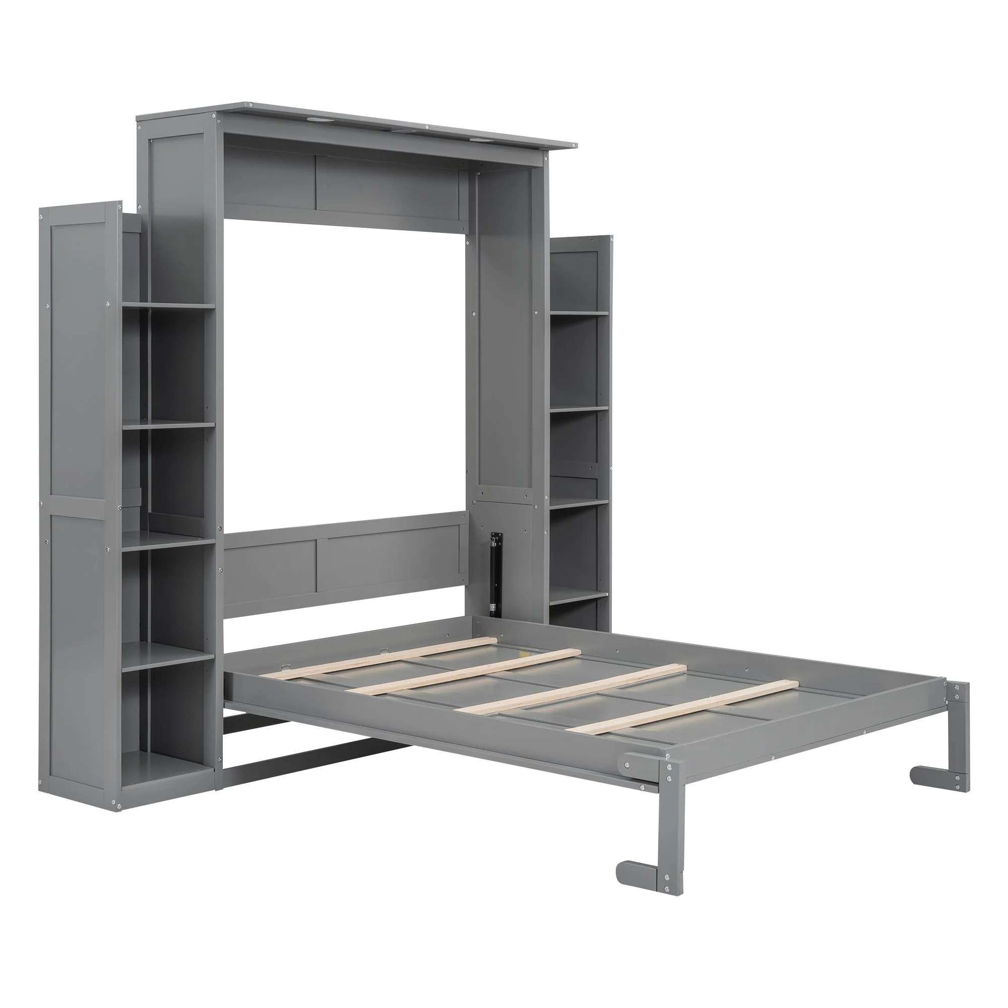 Practical Design Solid Wood Bed Frame Murphy Bed Wall Bed with Shelves and LED Lights, Platform Bed Frame, Mid Century Bedframe, Wood Foundation(Gray, Full)