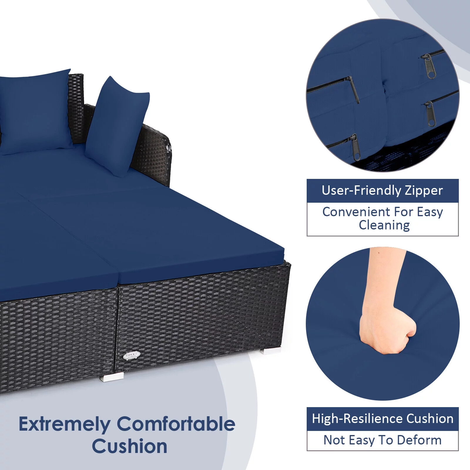 Outdoor Patio Rattan Daybed Cushioned Patio Conversation Set Sofa Furniture, Navy