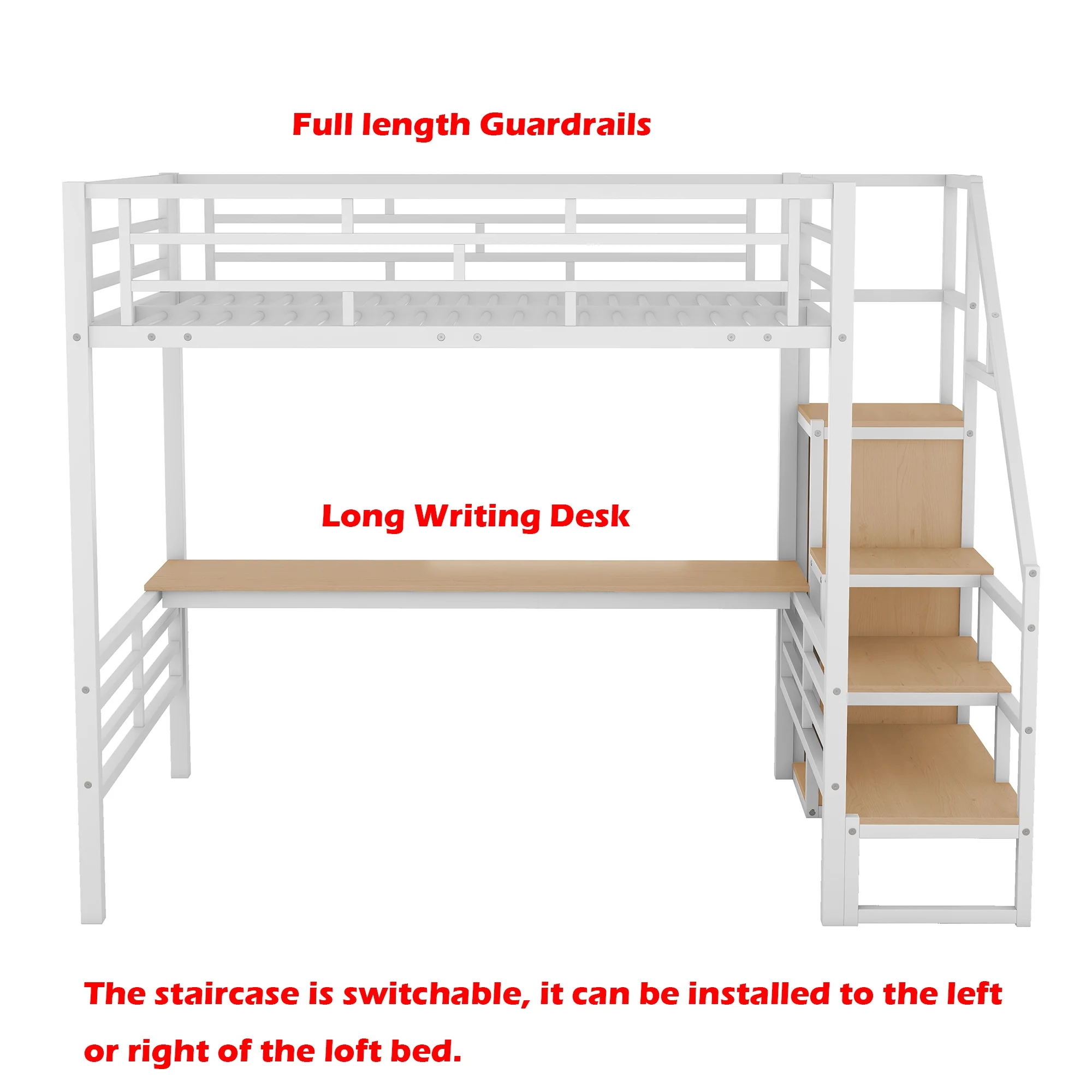 Bellemave Full Size Metal Loft Bed with Convertible Storage Staircase and Small Wardrobe, Heavy Duty Loft Bed Frame with Built-in Long Desk and Safety Guardrail for Kids,Teens, White