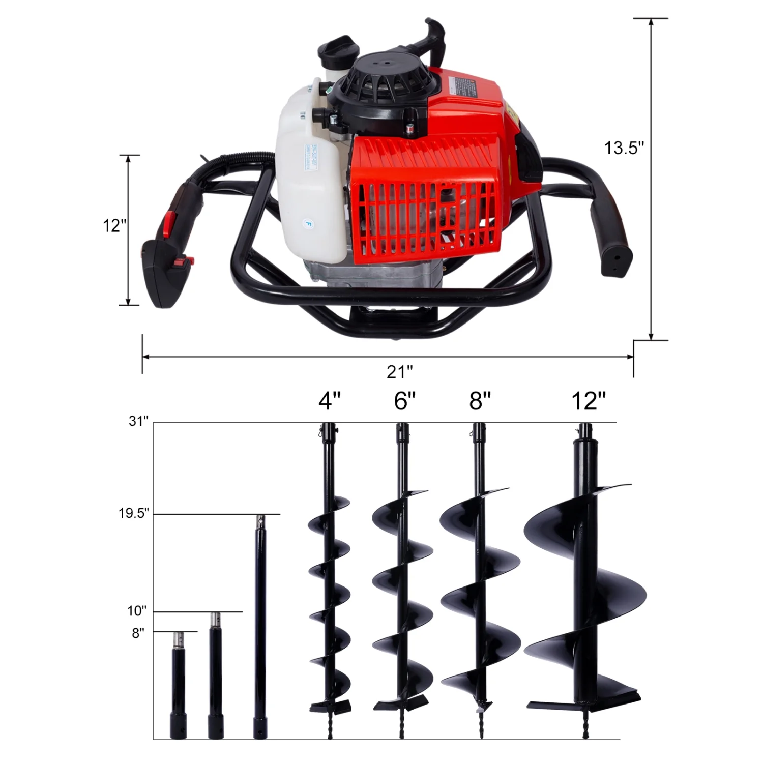 Powerful 2.7HP Gas-Powered 63cc 2-Stroke Auger Post Hole Digger for Efficient Digging  EPA Certified with 3/4” Drill Shaft Size. Includes L4”  L6”  L8”  and L12” Drill Bits  as well as Ex