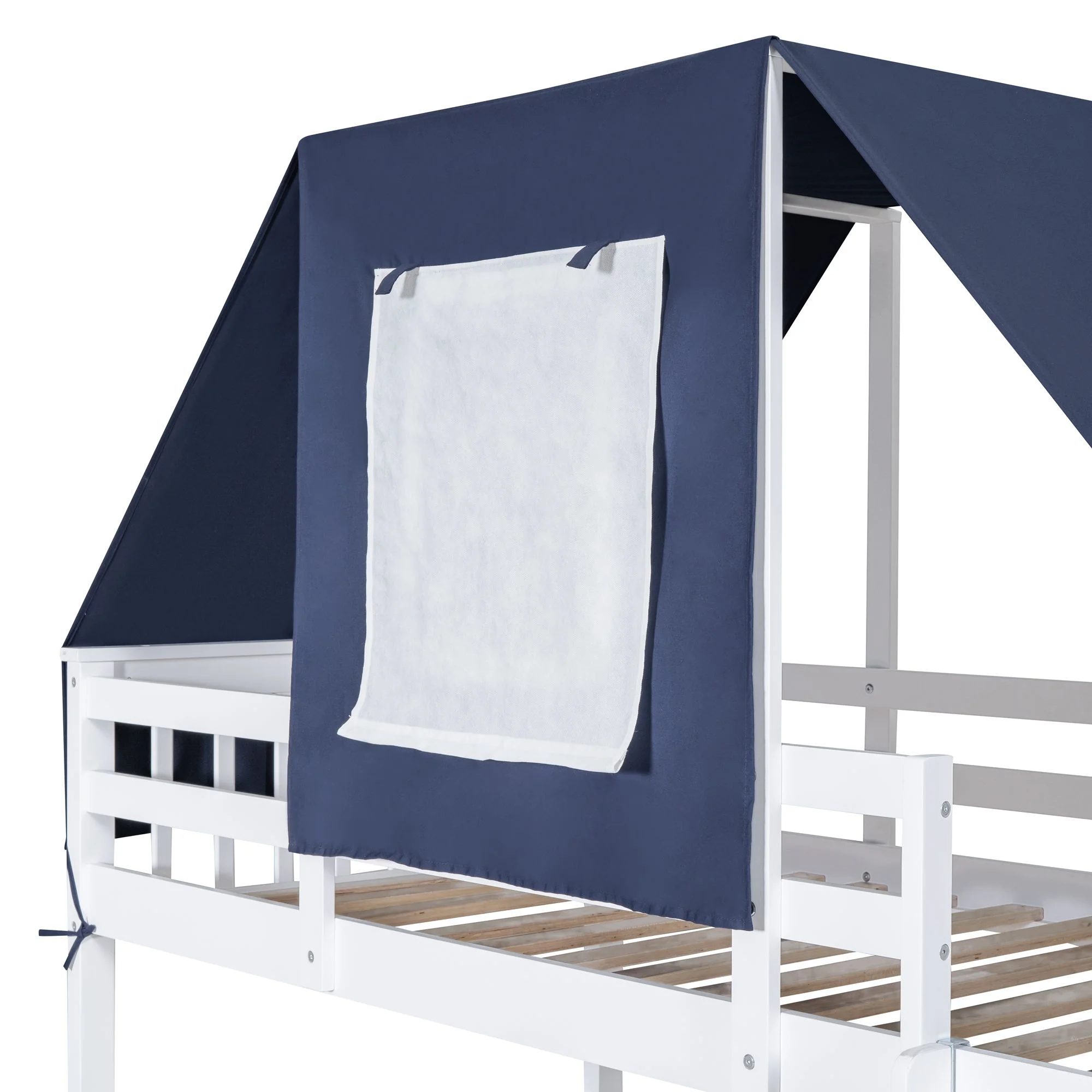Twin Over Twin Bunk Bed with Tent and Drawers for Boys/Girls/Teens Bedroom, Wood Bed Frame with Safety Guardrail, No Box Spring Needed with Roof, Window