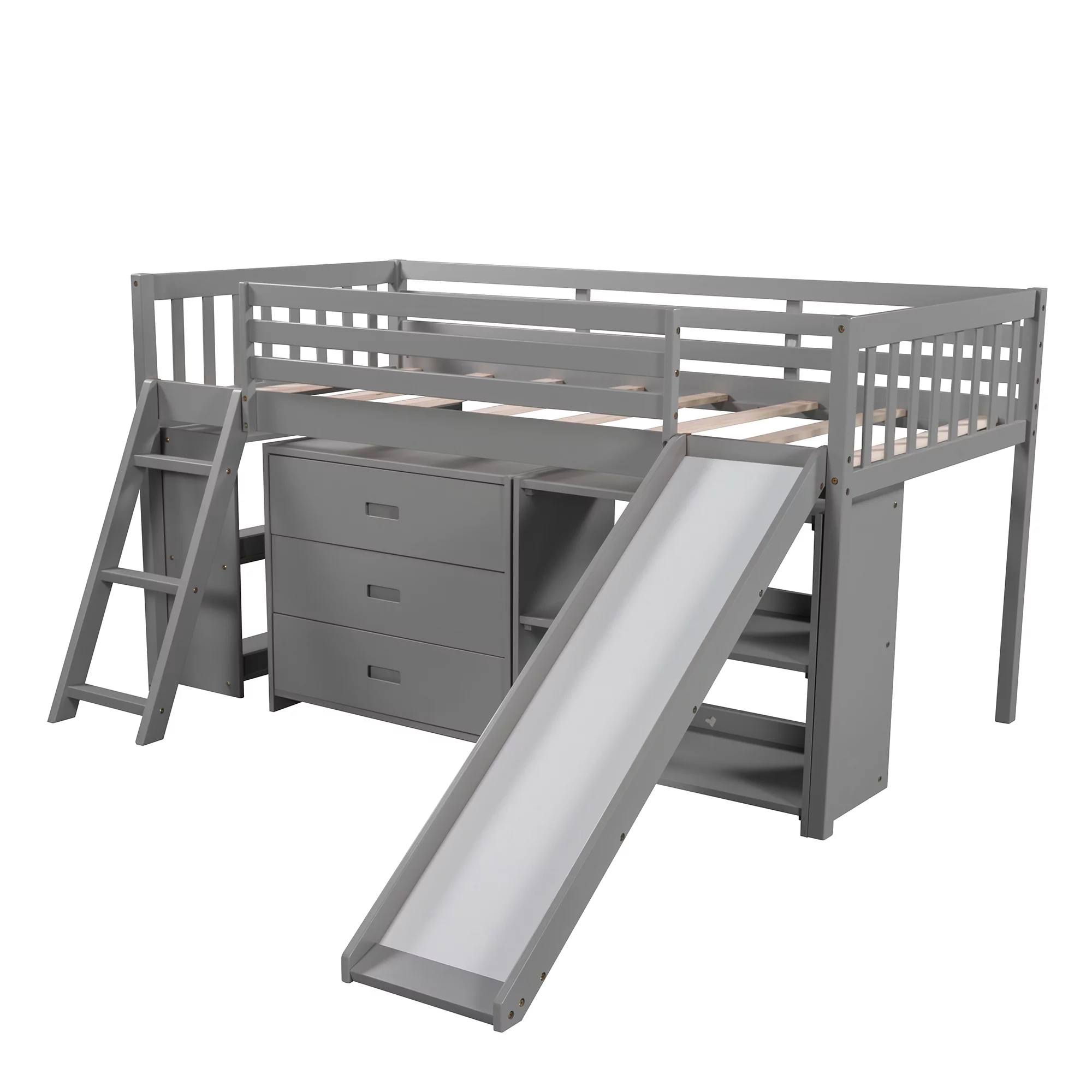 Euroco Wood Twin Size Low Loft Bed with Bookcase, Drawers, Ladder and Slide, Gray
