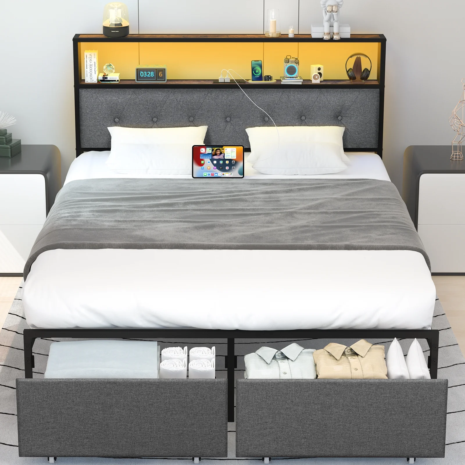 Yoobure Queen Bed Frame with Headboard, Metal Platform Bed Frame Queen Size, Heavy Duty Bed Frames with 2 Storage Drawers, Bedframe with Charging Station & LED Light, No Box Spring Needed, Noise Free