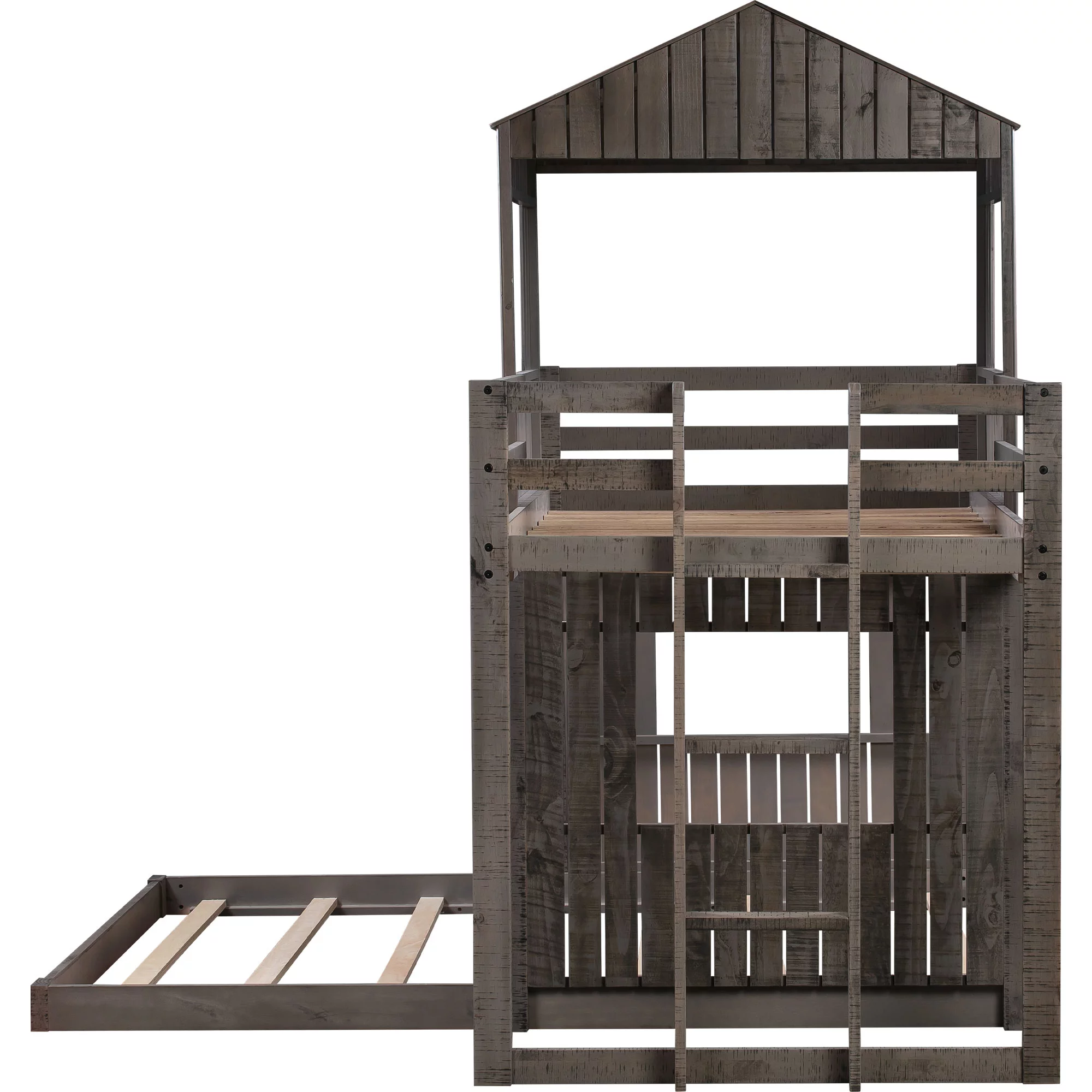 Royard Oaktree Twin Over Full House Bunk Beds with Roof and Windows Wooden Bunk Bed Frame with Ladder and Guardrails for Kids, Teens, Antique Gray