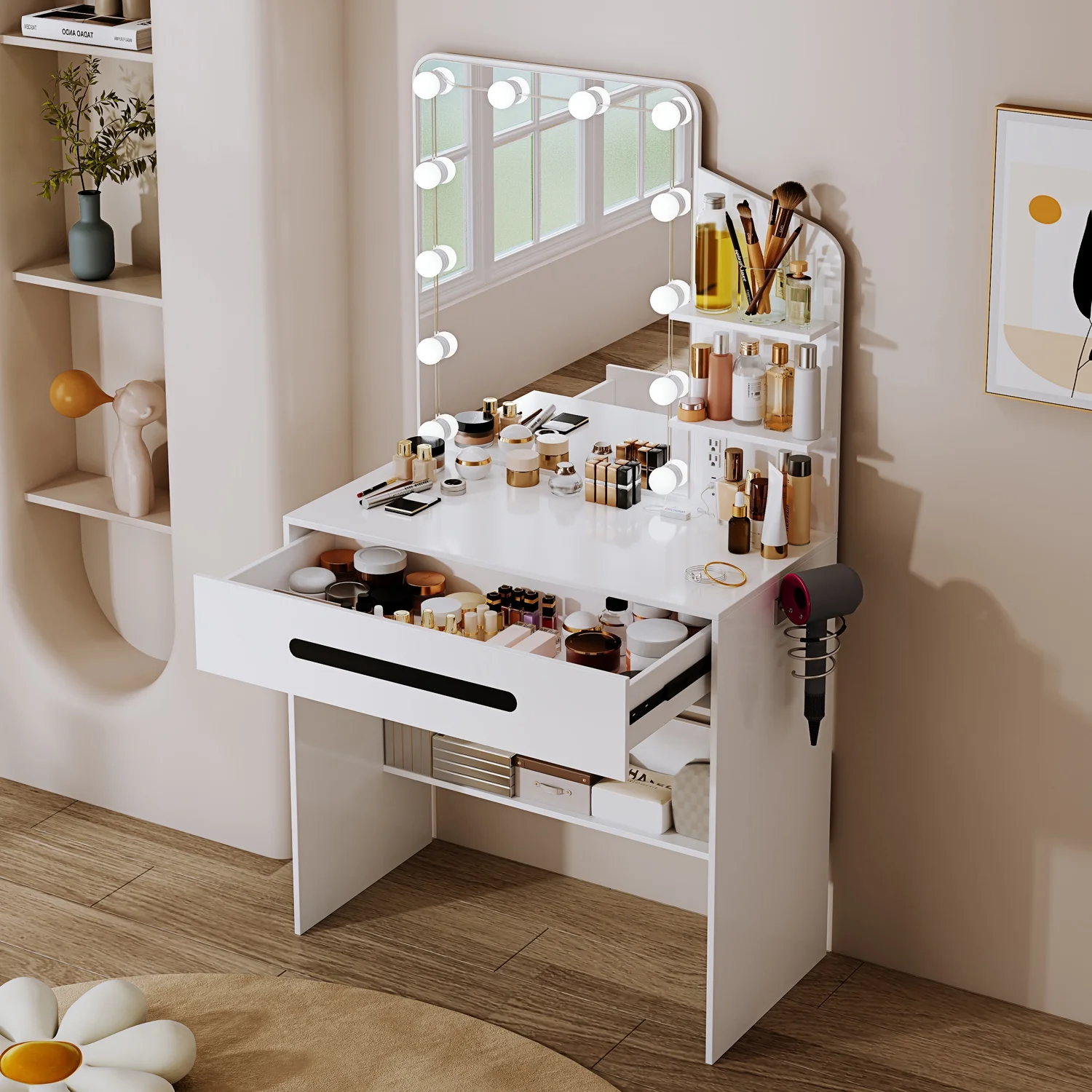 Modern Vanity Desk with Lighted Mirror, Desk Makeup Dressing Table with Power Strip, 12 LED Lights, 1 Large Drawers, Writing Desk with 3-Sectio Storage Shelves for Bedroom