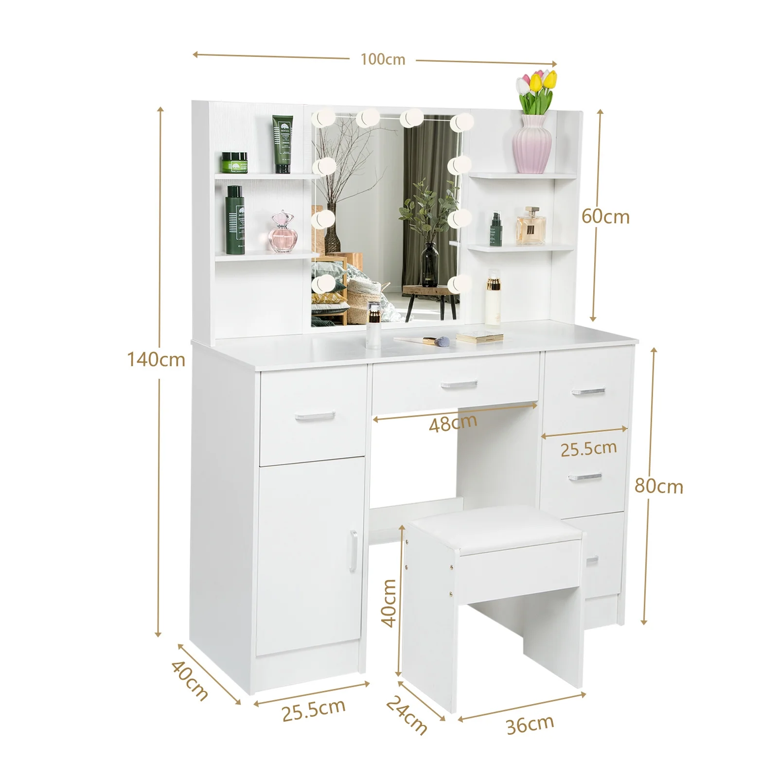 Jarbalai Vanity Set with LED Lights, Makeup Table with Stool, 6 Storage Shelves 5 Drawers, Dressing Table Dresser Desk for Women, Girls, Bedroom, White