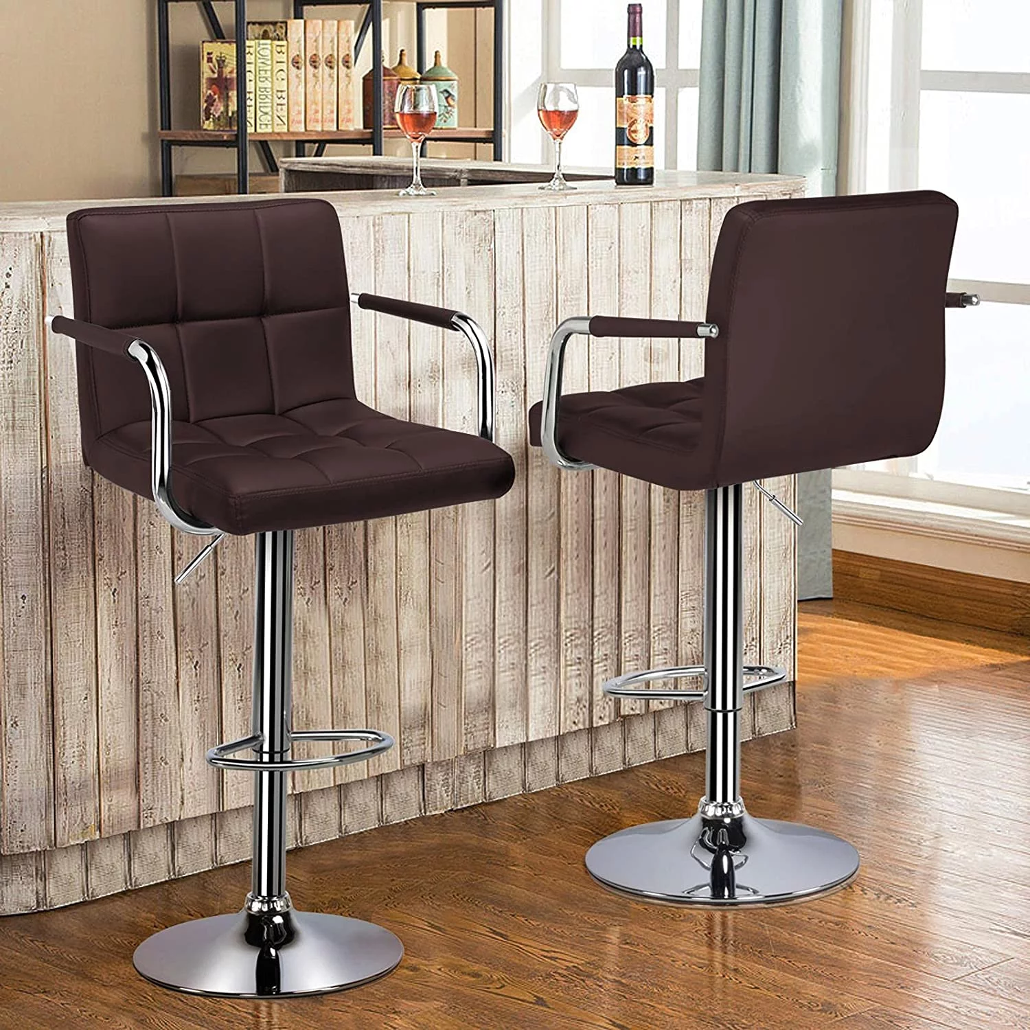 U-SHARE Tall Bar Stools Set of 2 Modern Square PU Leather Adjustable BarStools Counter Height Stools with Arms and Back Bar Chairs 360 Swivel Stool White