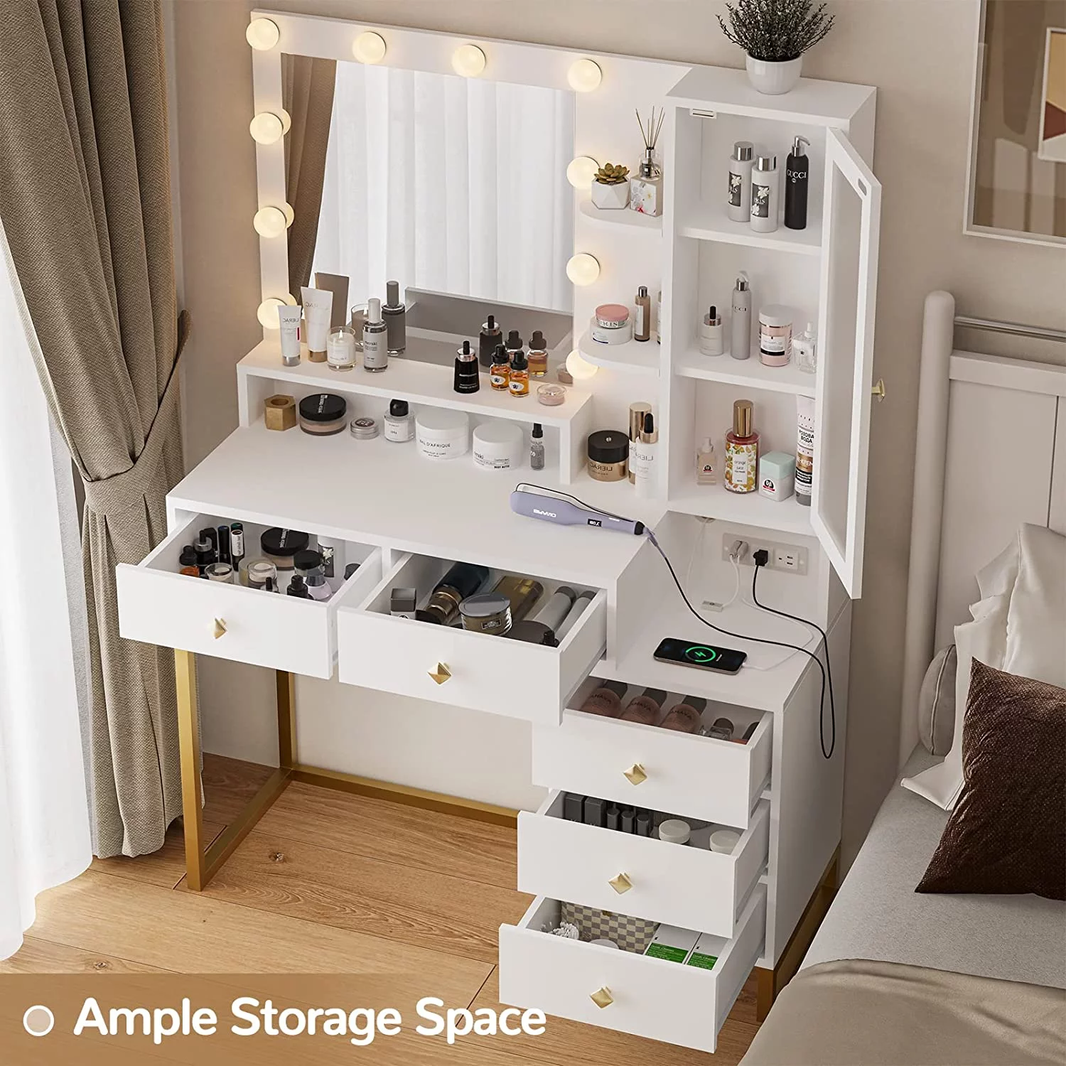 Tiptiper Makeup Vanity with Light Mirror and Charging Station, Vanity Desk with Storage Shelves, 5 Drawers, White