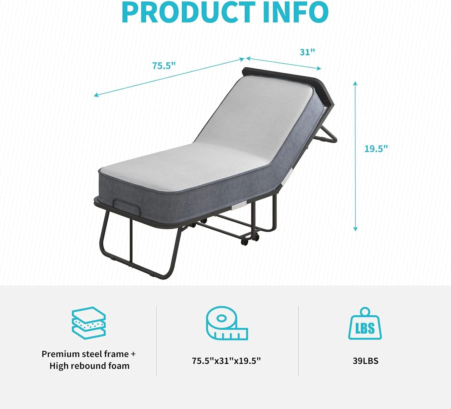 U-ToBe Folding Bed with 5 Inch Mattress and Headboard, 75 x 31 Inch, Cot Size Rollaway Bed, Space Saving Portable Foldable Guest Bed with 4 Lockable Wheels (Upgraded Mattress|5 Inch)