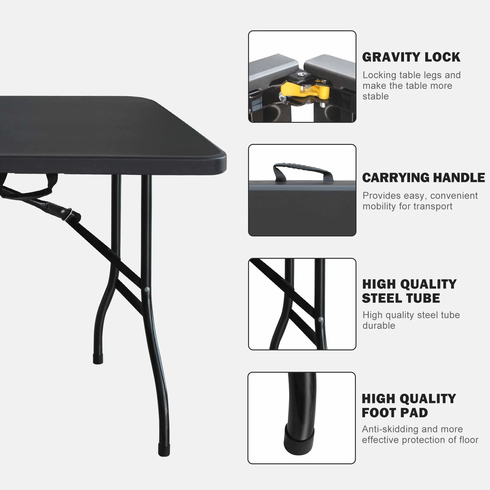 Homiyad 6ft Folding Table, Portable Plastic Table for Camping, Picnics, Parties, High Load Bearing Foldable Table Black