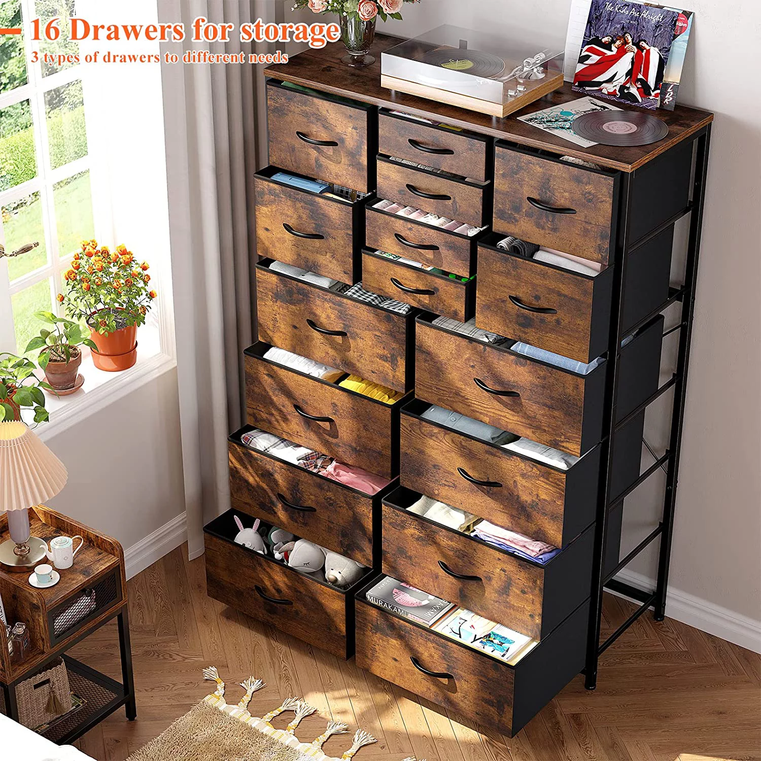 Popular 16 Drawer Dresser  Tall Dresser for Bedroom with Wooden Top and Sturdy Metal Frame  Large Dressers & Chest of Drawers for Bedroom Closet Living Room Entry 57.1"Hx 37.4"